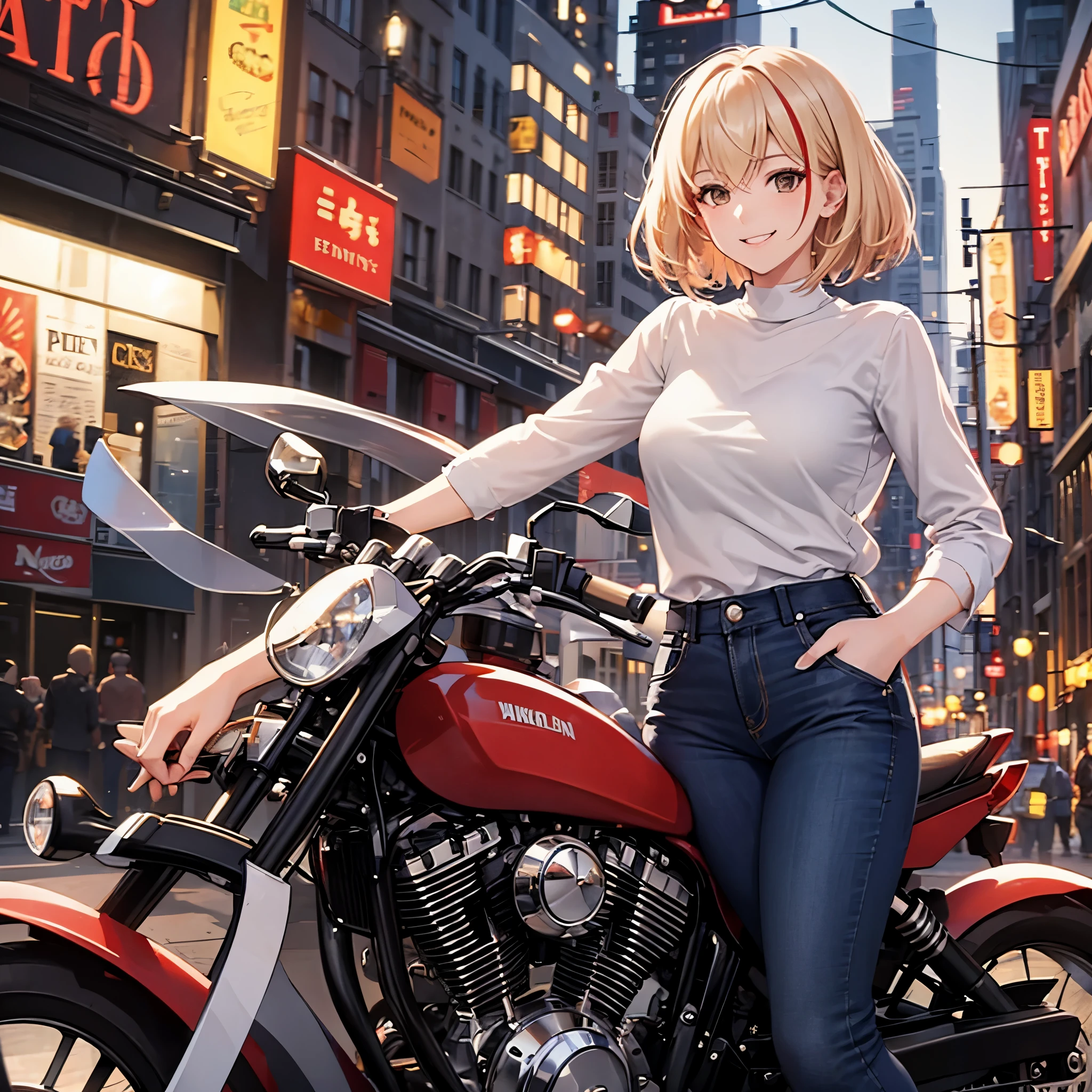 A woman wearing a white shirt, dark jeans, next to a motorcycle, short blonde hair, red bangs, brown eyes, in a city at night, smiling.