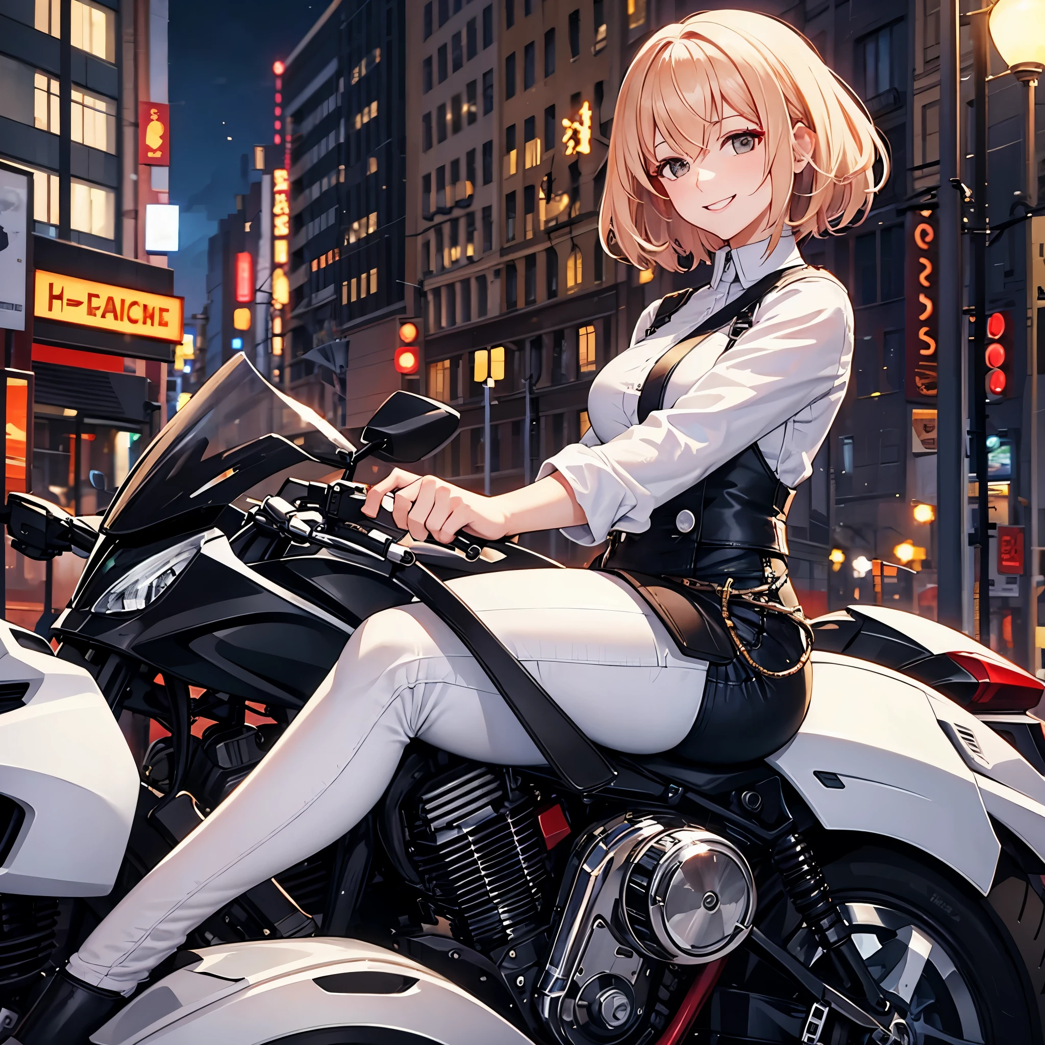 A woman wearing a white shirt, dark jeans, next to a motorcycle, short blonde hair, red bangs, brown eyes, in a city at night, smiling.