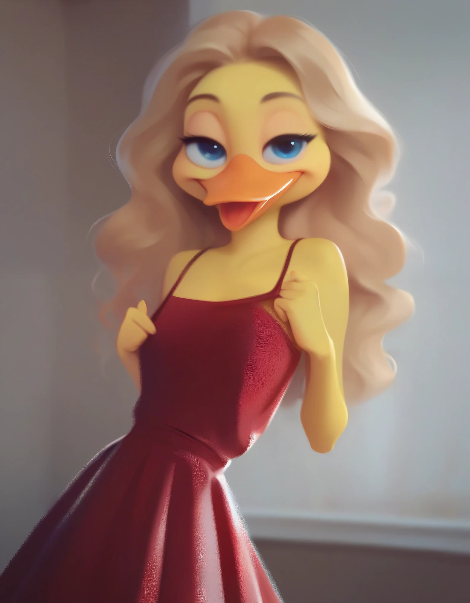 score_9, score_8_up, score_7_up, score_6_up, rating_Explicit, BREAK,, melissa Duck, (blond hair), (wavy hair), (blue eyes), (narrowed eyes), (happy), (Red dress, clothing), (standing), (yellow skin), (solo:), (orange beak), skirt, absurd resolution, absurd detail, sexy pose, motion lines, , front view, detailed fur, detailed face,, masterpiece, highest quality, 2d | Photorealism,