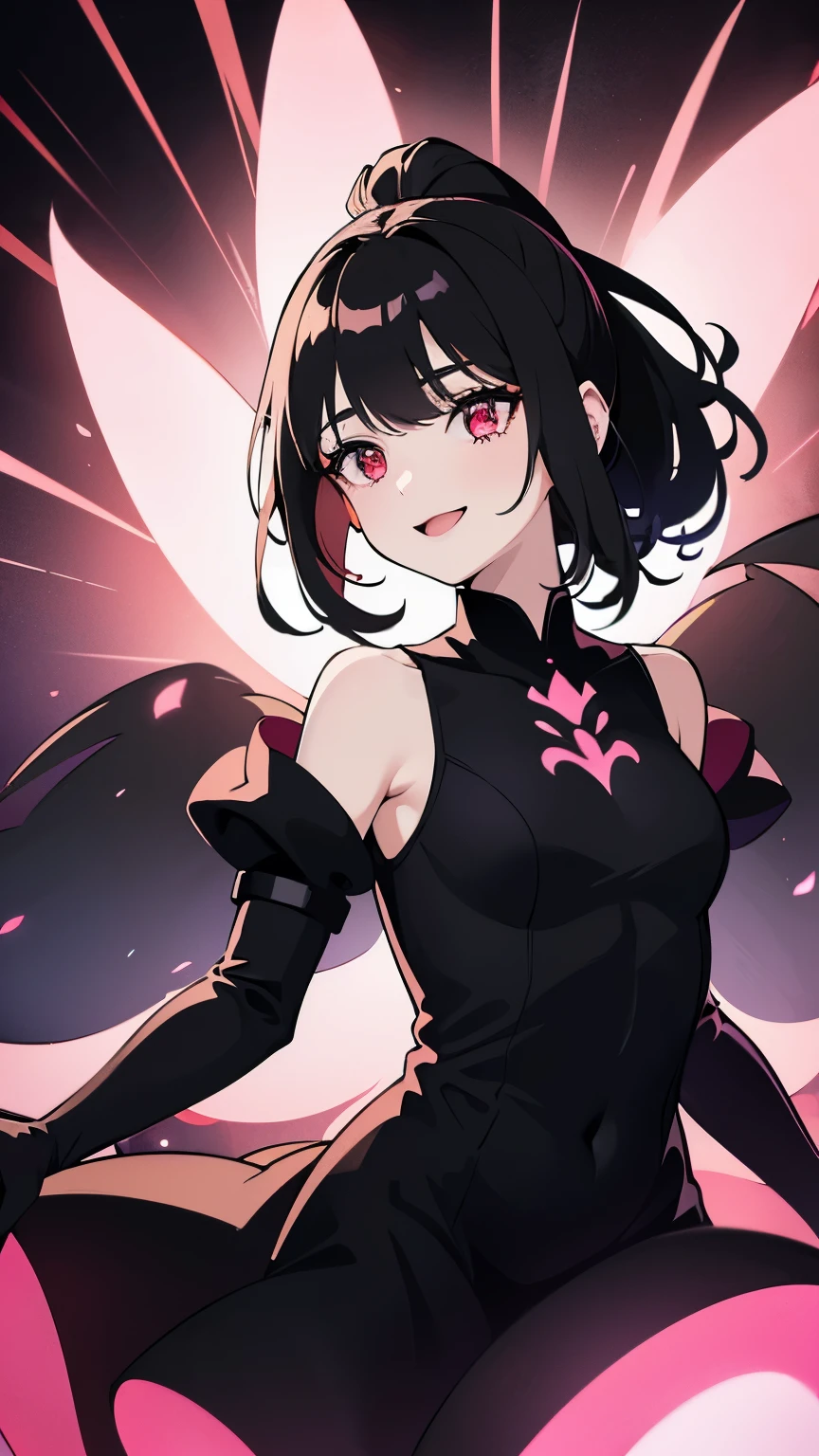 1girl, fairy girl, small, fairy wings, ((glowing pink fairy wings)), (fairy wings), Black hair color, ponytail hairstyles, short ponytail, red eye color, wearing leather armor, silver shoulder pads, black clothes,(glowing eyes), high resolution, extremely detailed CG unity 8k wallpaper, ((masterpiece)), ((top-quality)), (beautiful illustration), ((an extremely delicate and beautiful)), (masterpiece, Best quality, ultra high resolution), 1 girl, pale skin, Black Crown, red eyes, Luminous_eyes, neon red eyes, ultra detailed eyes, Beautiful and detailed face, detailed eyes, (Centered, torso), (wide shot:0.9), facing the viewer, Eye level, (floating hair), character focus, ((black light)), ((dark lighting)), cinematic lighting ,(darkness), (concept art), ((energetic face)), wide open smile, waving excitedly, dark black hair, ((red eyes))