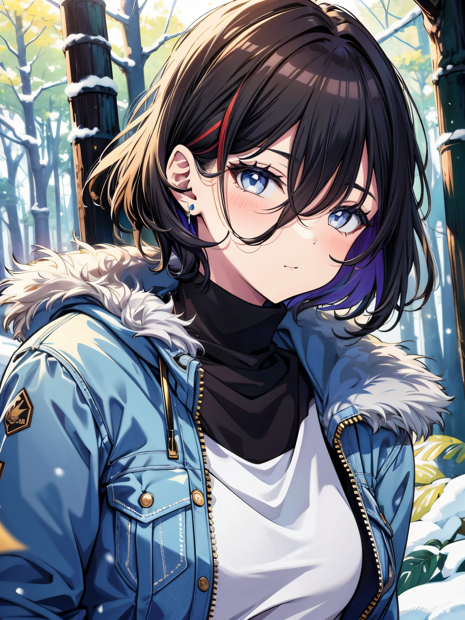 (best quality, ultra-high resolution, depth of field:1.2), solo, adult, 1woman, toned body, medium breasts, wide hips, black hair, streaked hair, short hair, bangs, upturned eyes, bright eyes, a steady, assessing gaze, winter, warmly dressed (wearing a pristine charcoal coat), denim jeans, wisps of hair on her perfectly contoured face, serious expression, posing for modeling, snow-laden pine forest, golden light filtering through the trees