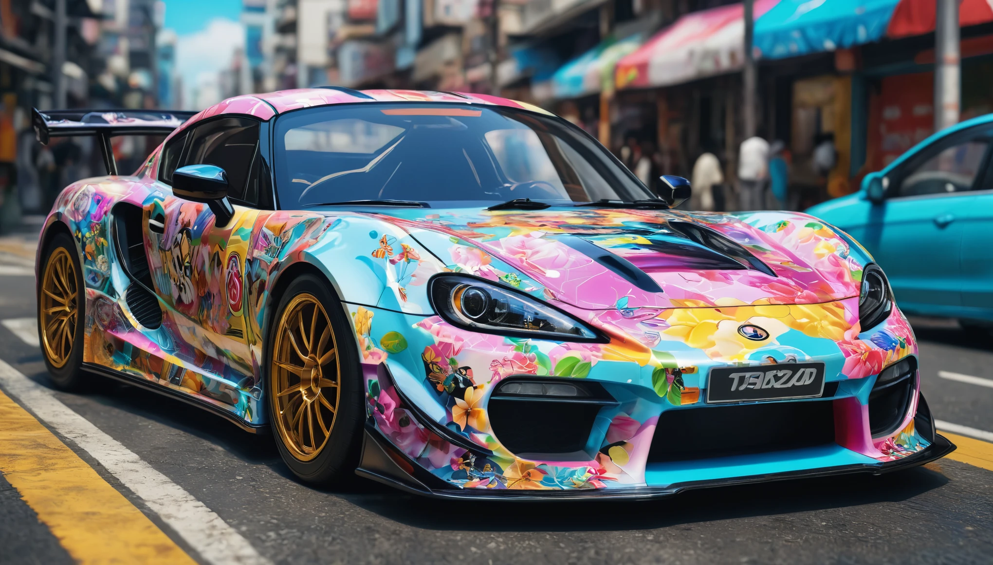 create an image demonstrating the style of ((Itasha)) style, hyper realism, 8k high definition, vibrant colors, sharp focus, insanely detailed, enormous tits