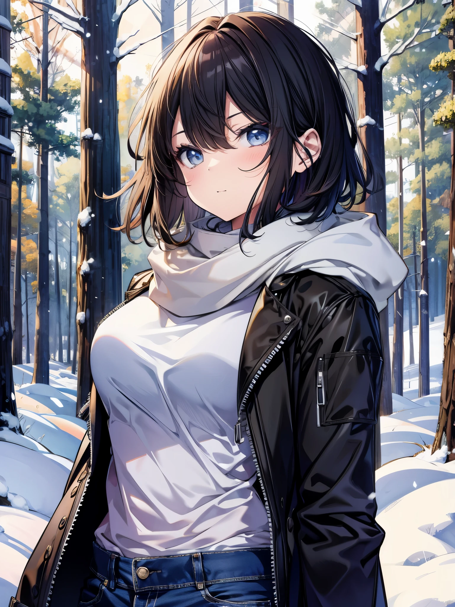 (best quality, ultra-high resolution, depth of field:1.2), solo, adult, 1woman, toned body, medium breasts, wide hips, black hair, streaked hair, short hair, bangs, upturned eyes, bright eyes, a steady, assessing gaze, winter, warmly dressed (wearing a pristine charcoal coat), denim jeans, wisps of hair on her perfectly contoured face, serious expression, posing for modeling, snow-laden pine forest, golden light filtering through the trees