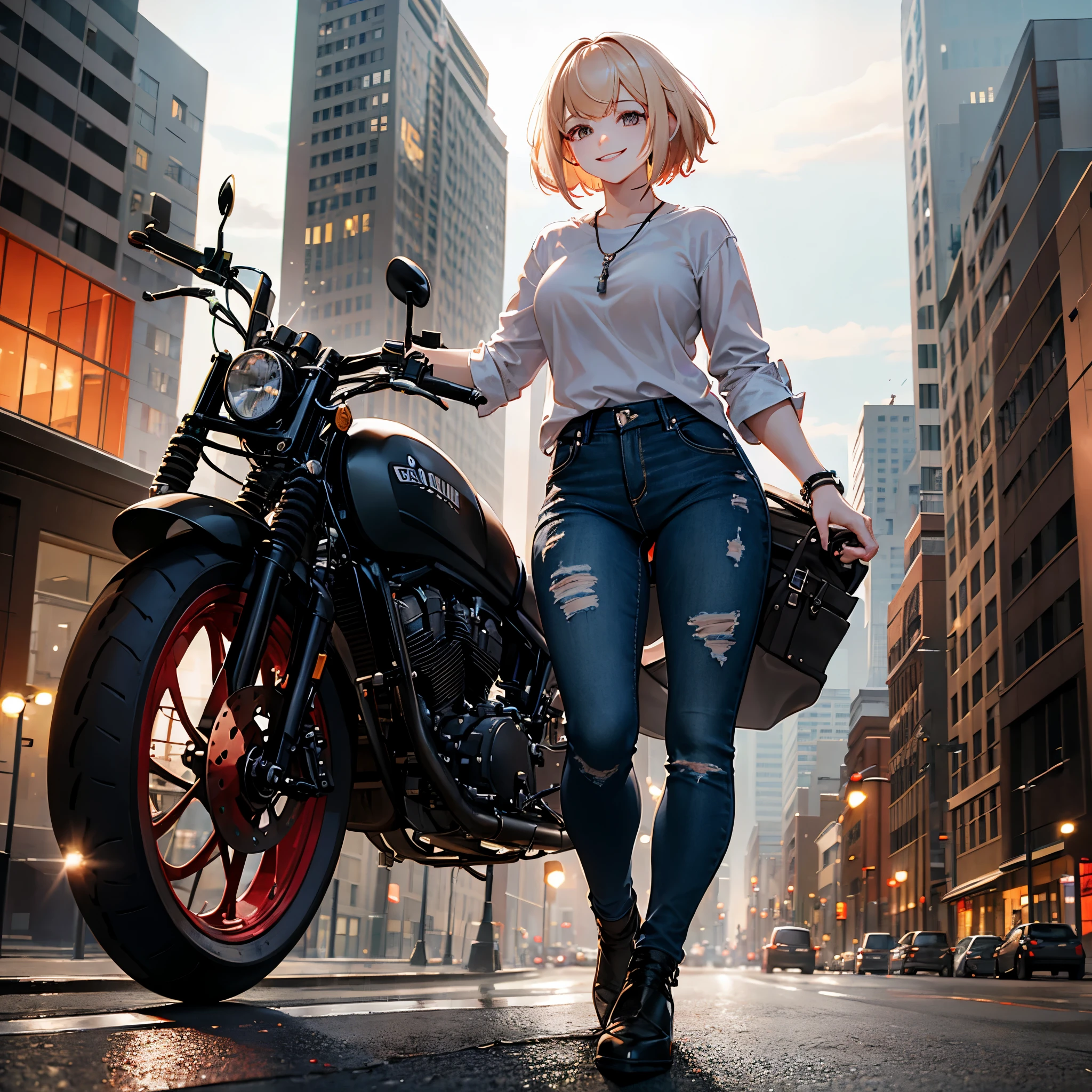 A woman wearing a white shirt, dark jeans, next to a motorcycle, short blonde hair, red bangs, brown eyes, in a city at night, smiling.
