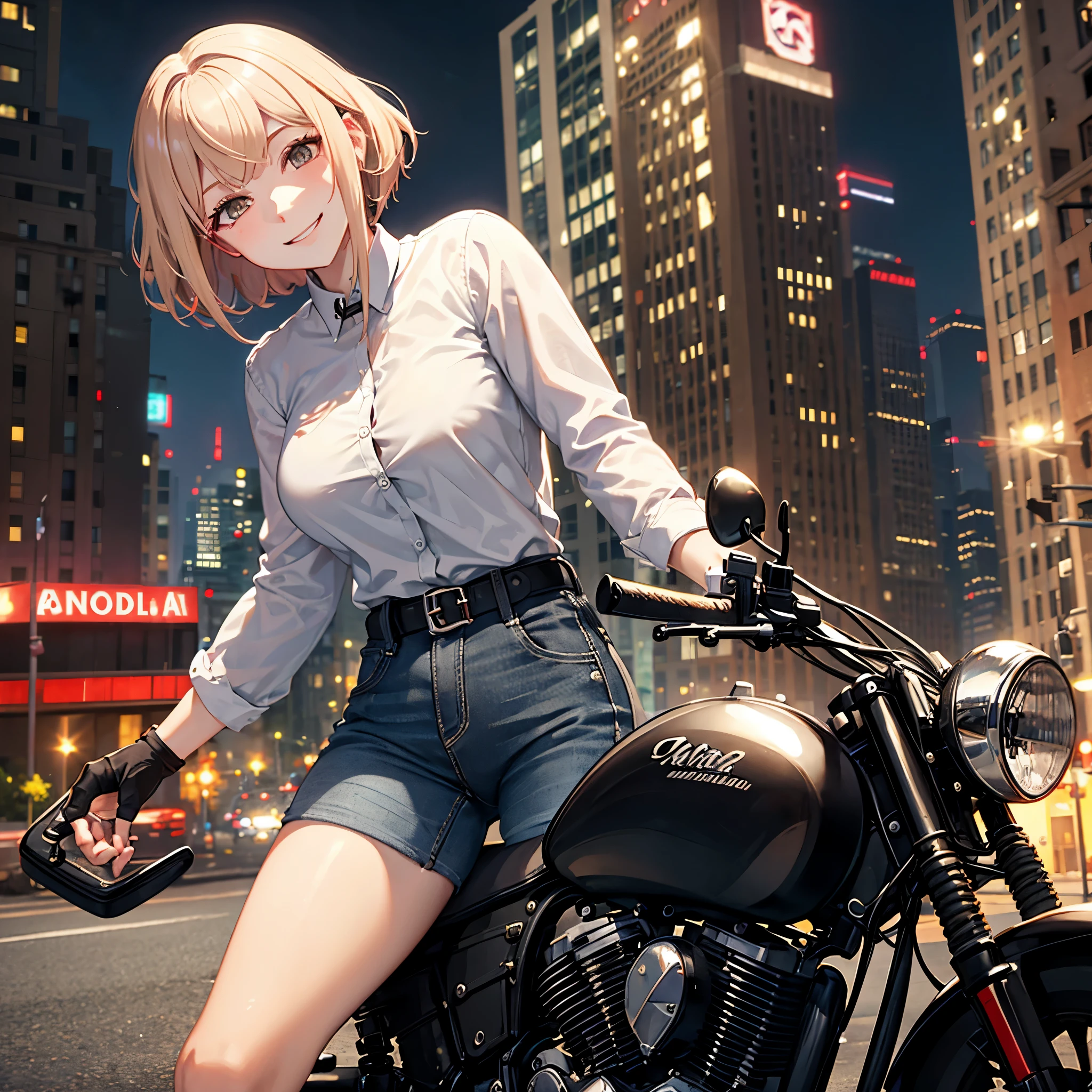 A woman wearing a white shirt, dark jeans, next to a motorcycle, short blonde hair, red bangs, brown eyes, in a city at night, smiling.
