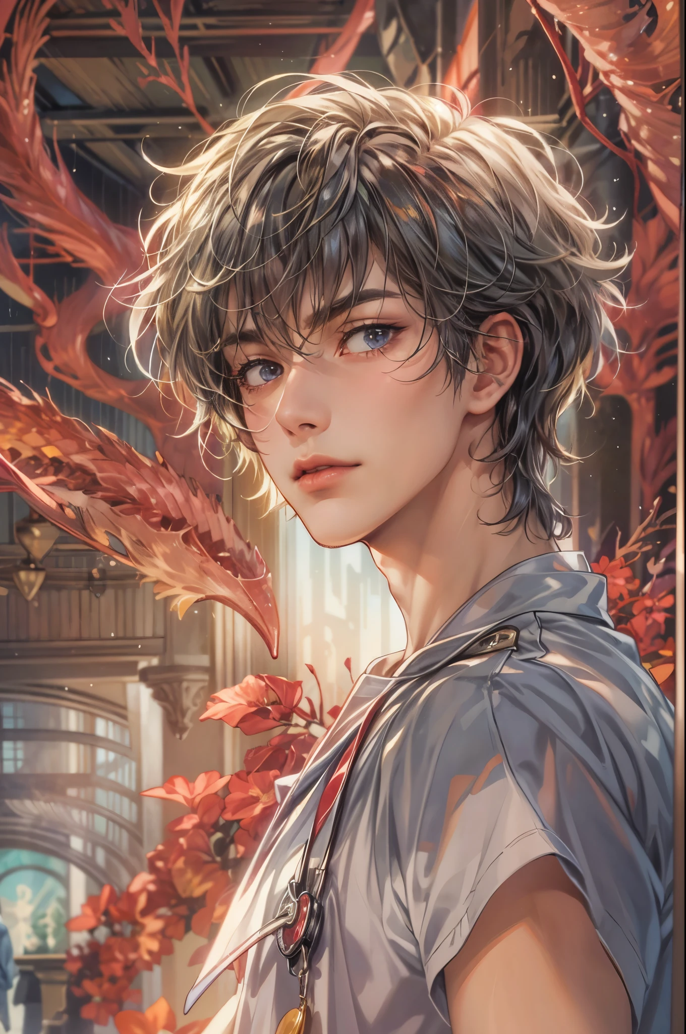 ((Best quality)), ((masterpiece)), (detailed), ((perfect face)), ((halfbody)) handsome face, male, teen boy,  perfect proportions , a character from anime saint seiya, short hair, male version , detailed ghibli interior scenery background 