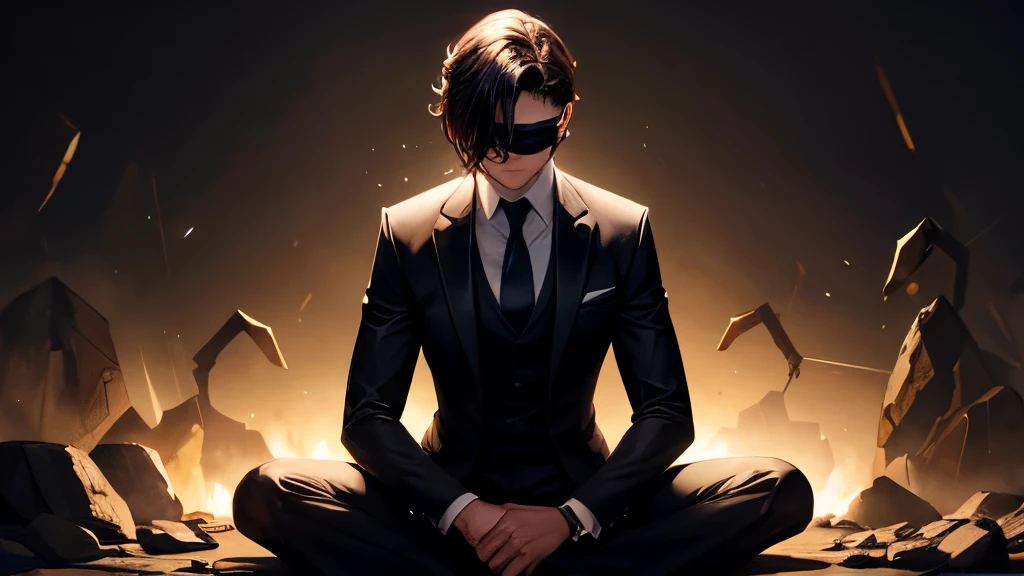 alpha men in suit with blindfold siting and meditation in the deep dark room