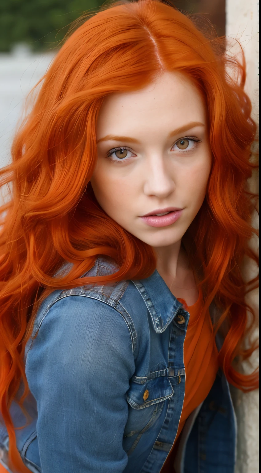 (Ella Hughes:Faye Reagan:Dani Jensen:0.3) a close up of a woman with short skirt with long red hair wearing a denim jacket, she has long redorange hair, she has long orange brown hair, flowing ginger hair, red hair and attractive features, long glowing red hair, curly copper colored hair, ginger wavy hair, long blonde or red hair, long orange hair, ginger hair, with long red hair, long loose red hair