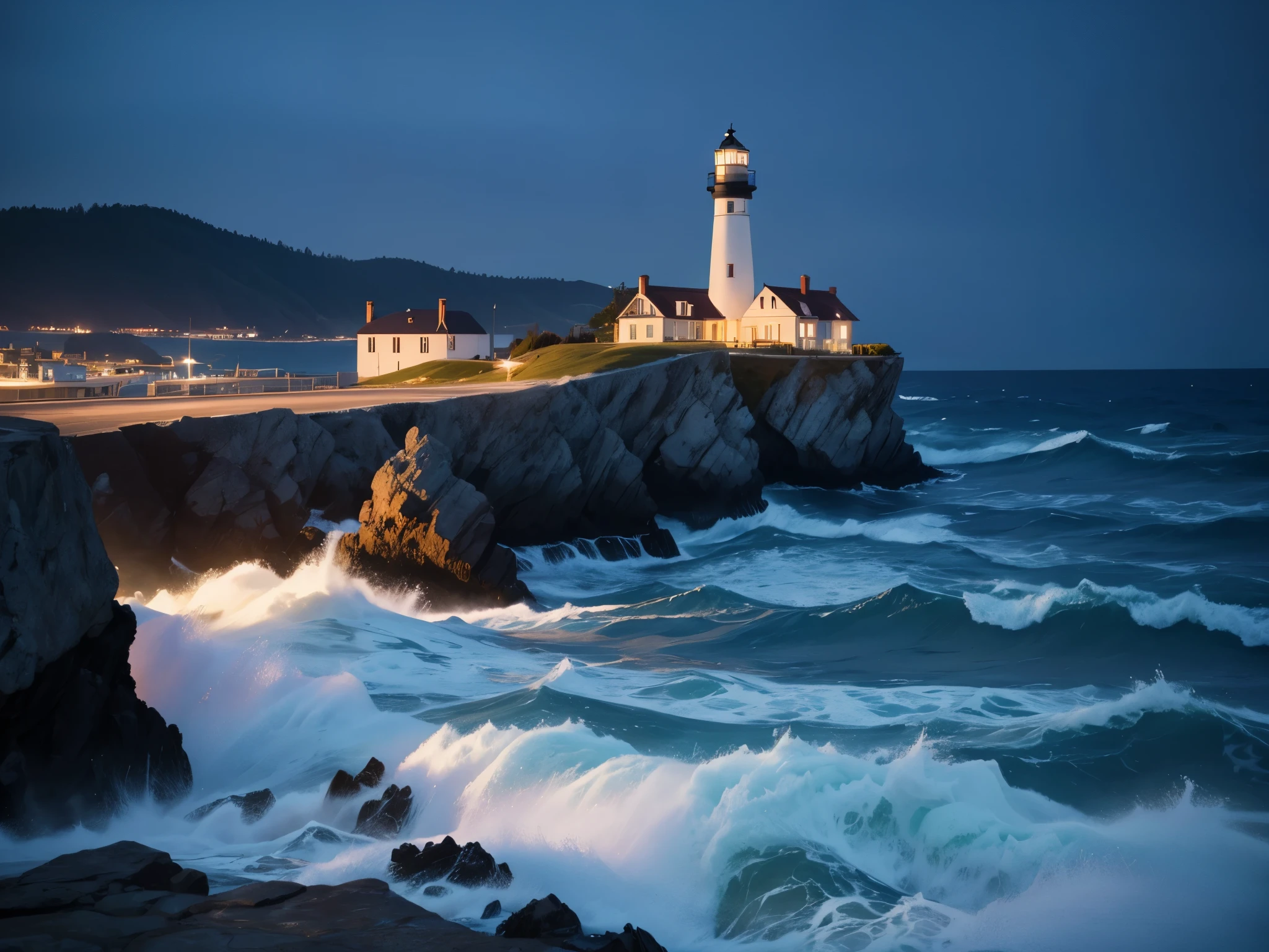 (masterpiece, best quality), best resolution, lighthouse at night, top of an ocean cliff