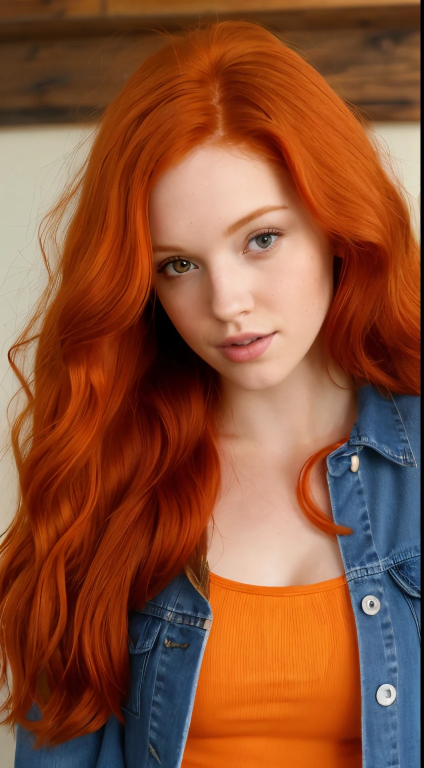 (Ella Hughes:Faye Reagan:Dani Jensen:0.3) a close up of a woman with short skirt with long red hair wearing a denim jacket, she has long redorange hair, she has long orange brown hair, flowing ginger hair, red hair and attractive features, long glowing red hair, curly copper colored hair, ginger wavy hair, long blonde or red hair, long orange hair, ginger hair, with long red hair, long loose red hair
