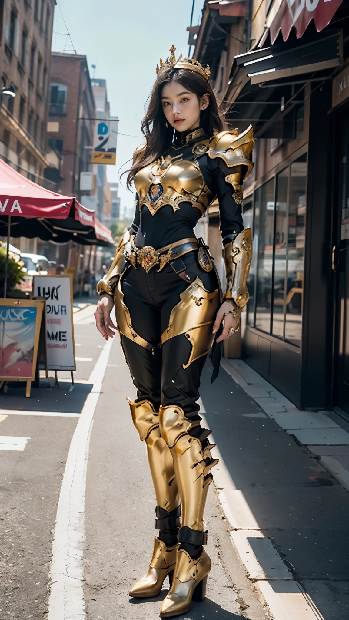 A woman adorned in fantasy-style full-body armor, a crown-concept fully enclosed helmet that unveils only her eyes, a composite layered chest plate, fully encompassing shoulder and hand guards, a lightweight waist armor, form-fitting shin guards, the overall design is heavy-duty yet flexible, ((the armor gleams with a golden glow, complemented by red and blue accents)), exhibiting a noble aura, she floats above a fantasy-surreal high-tech city, this character embodies a finely crafted fantasy-surreal style armored hero in anime style, exquisite and mature manga art style, (Queen bee mixed with Spider concept Armor), ((real woman, beautiful woman, photorealistic, elegant, goddess, femminine:1.5)), metallic, high definition, best quality, highres, ultra-detailed, ultra-fine painting, extremely delicate, professional, anatomically correct, symmetrical face, extremely detailed eyes and face, high quality eyes, creativity, RAW photo, UHD, 32k, Natural light, cinematic lighting, masterpiece-anatomy-perfect, masterpiece:1.5