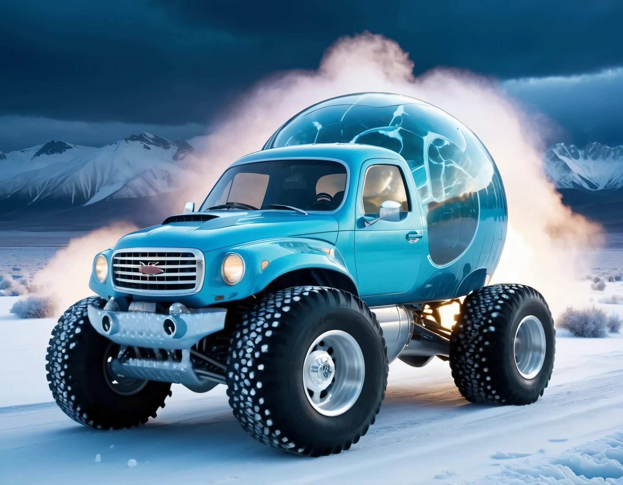 smoke PeaCar1024, a pearly blue bubble monstertruck car, in spooky frozen wasteland at night, (blue-exhaust-(smoke)), snowing, stormy, mountains, ice, (style of day-after-tomorrow:.8), photography (ultra-detailed, ultra sharp, film, professional, high saturation:1.13)  