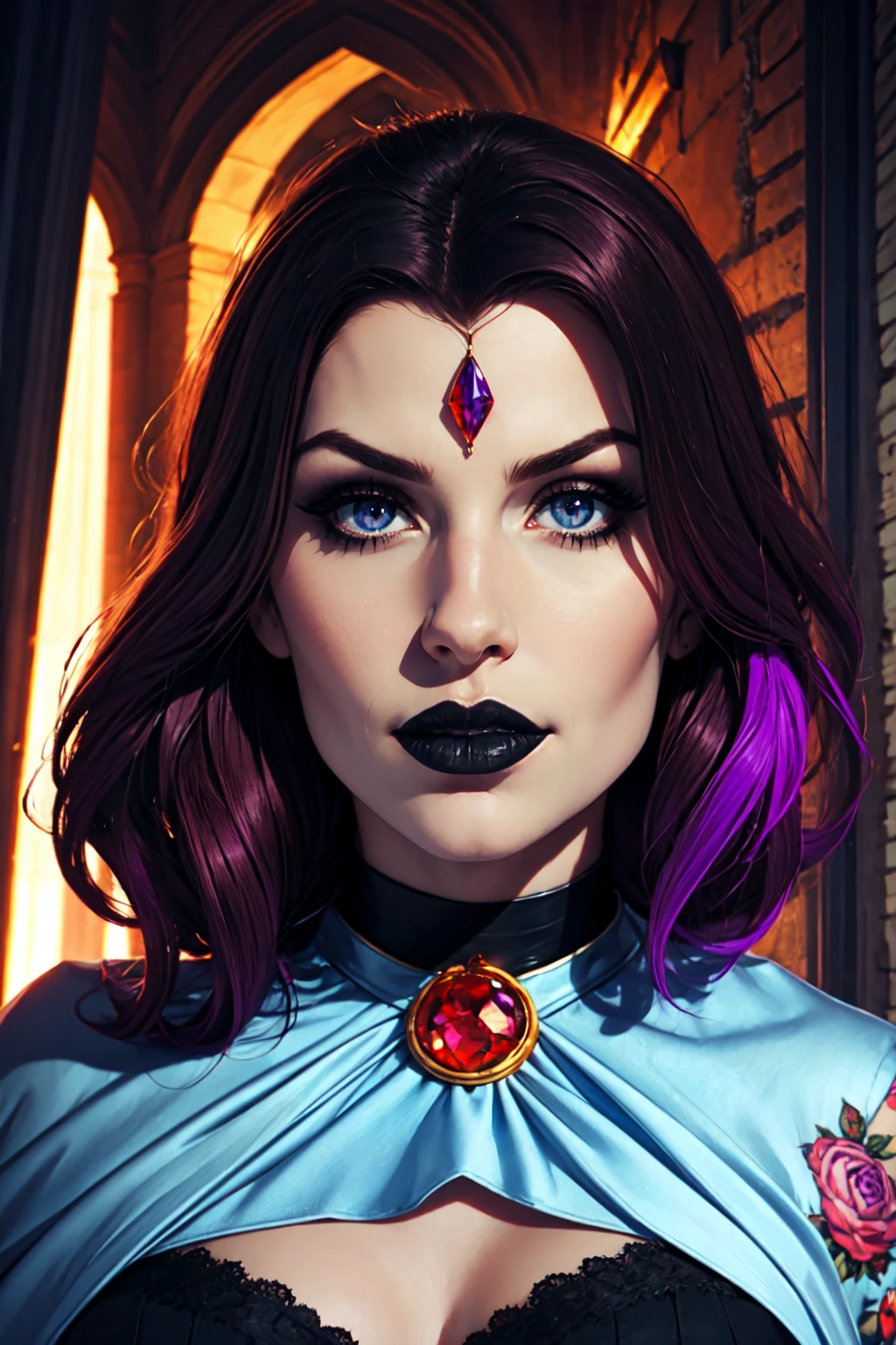 (Best Quality, 8k, Masterpiece, UHD), (Photo of Attractive Caucasian Gothic model Woman with tattoos), solo 1Girl as Raven, ((gemstone on forehead)), heavy makeup , cape, choker,very pale skin,Ultra Detailed Face, Detailed Lips, Fine Eyes, black lipstick, Fine Eyes