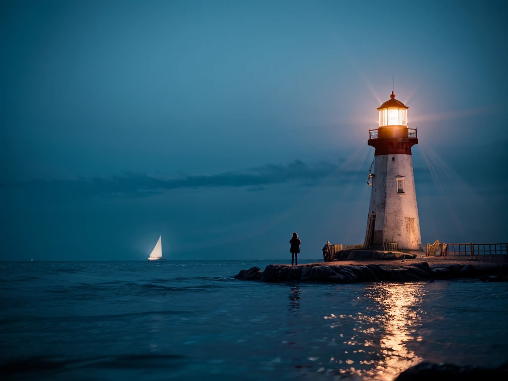 The light of the lighthouse illuminates the eerie sea, the rough winter sea, and the boat with the girl on it rises and falls on the big waves.