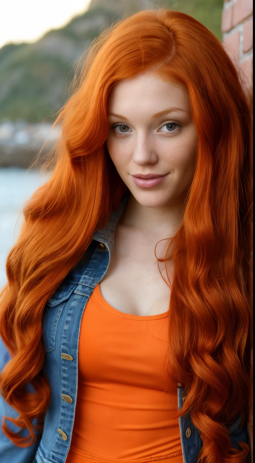 (Ella Hughes:Faye Reagan:Dani Jensen:0.3) a close up of a woman with short skirt with long red hair wearing a denim jacket, she has long redorange hair, she has long orange brown hair, flowing ginger hair, red hair and attractive features, long glowing red hair, curly copper colored hair, ginger wavy hair, long blonde or red hair, long orange hair, ginger hair, with long red hair, long loose red hair