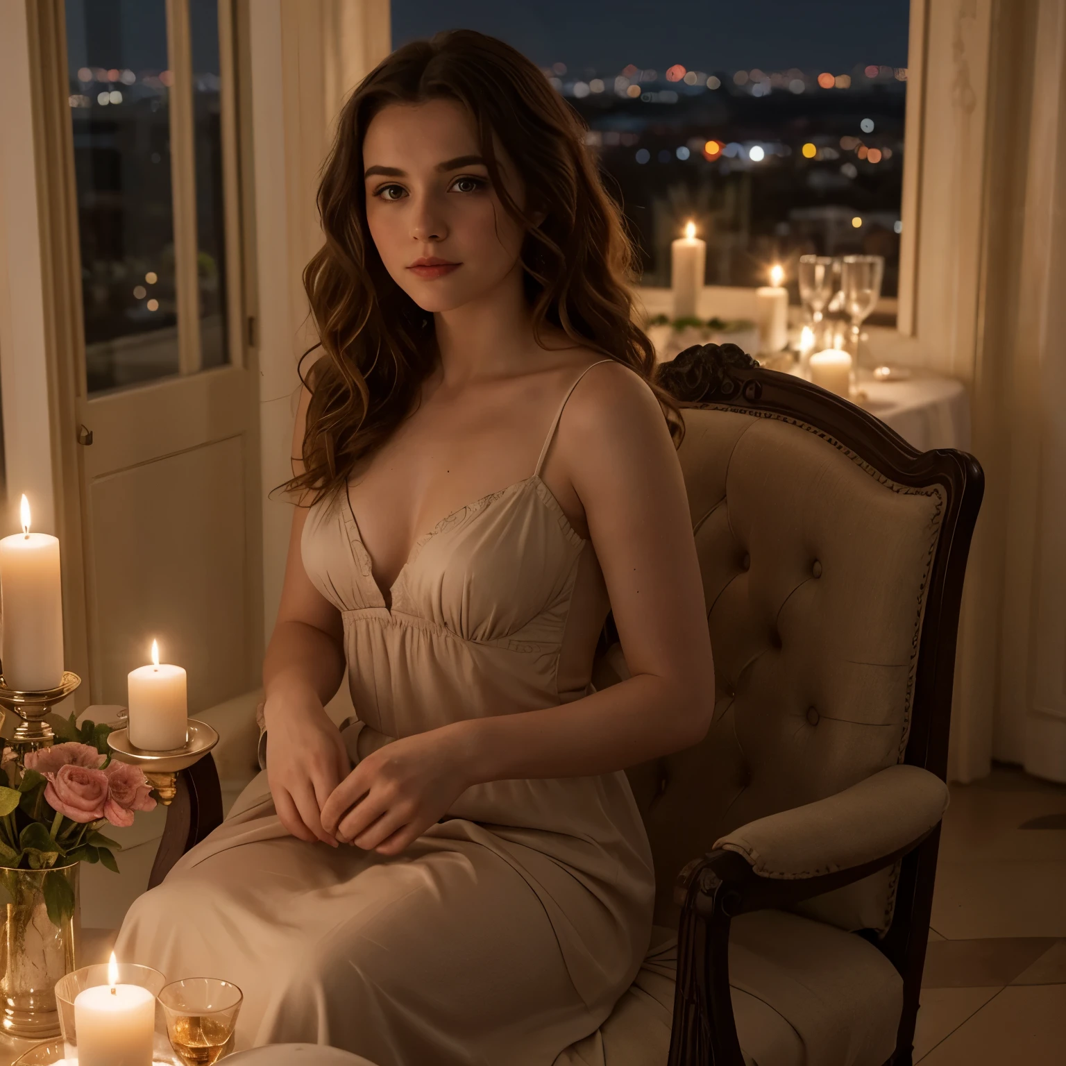 Sophia Lillis, thick woman, long wavy hair, photograph quality, eyeshadow and lipstick, Italian dress, sitting in a chair on a candle lit veranda overlooking an Italian city at night 