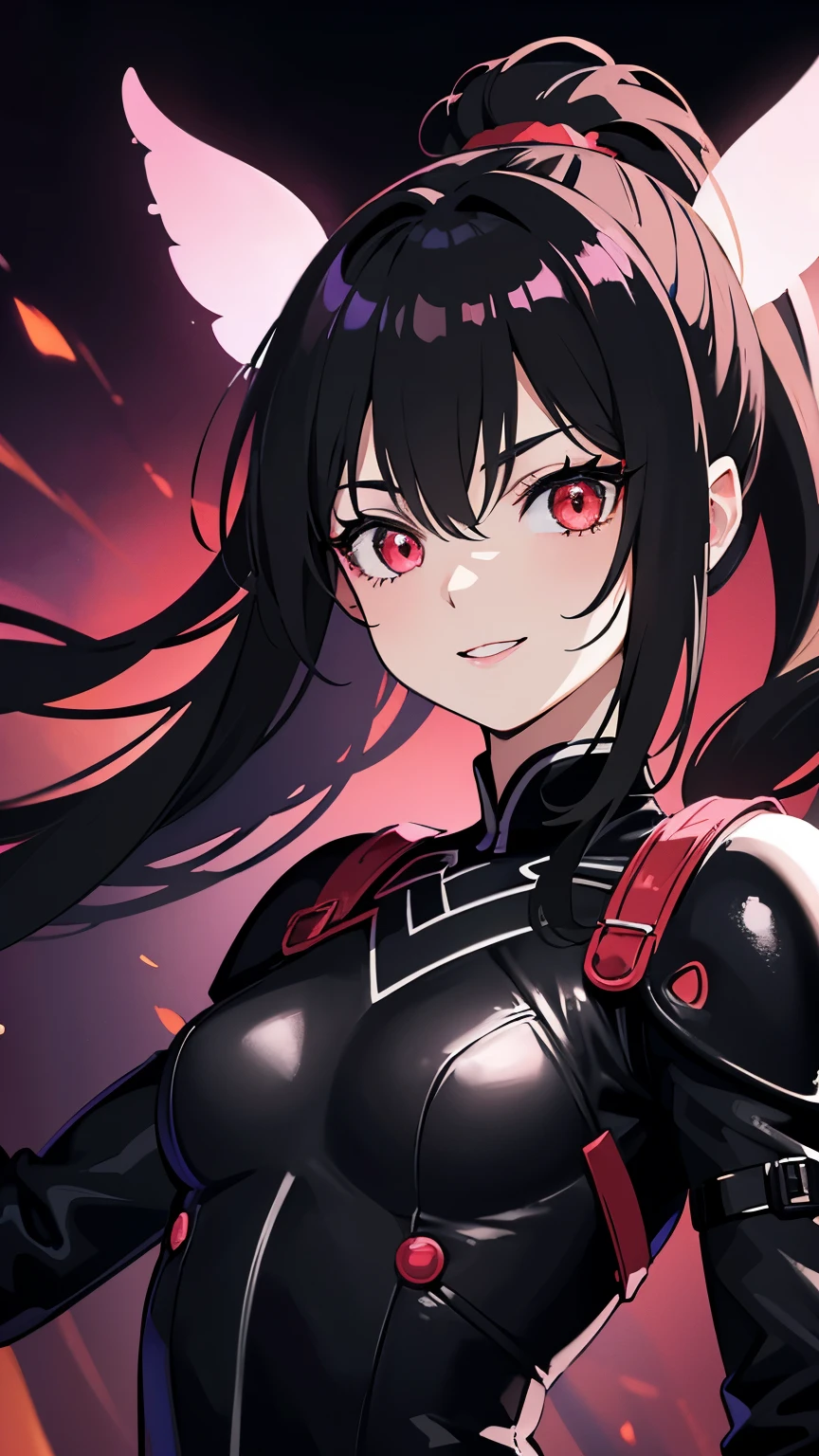 1girl, fairy girl, small, fairy wings, ((glowing pink fairy wings)), (fairy wings), Black hair color, ponytail hairstyles, short ponytail, red eye color, wearing leather armor, silver shoulder pads, black clothes,(glowing eyes), high resolution, extremely detailed CG unity 8k wallpaper, ((masterpiece)), ((top-quality)), (beautiful illustration), ((an extremely delicate and beautiful)), (masterpiece, Best quality, ultra high resolution), 1 girl, pale skin, Black Crown, red eyes, Luminous_eyes, neon red eyes, ultra detailed eyes, Beautiful and detailed face, detailed eyes, (Centered, torso), (wide shot:0.9), facing the viewer, Eye level, (floating hair), character focus, ((black light)), ((dark lighting)), cinematic lighting ,(darkness), (concept art), ((energetic face)), wide open smile, waving excitedly, dark black hair, ((red eyes))