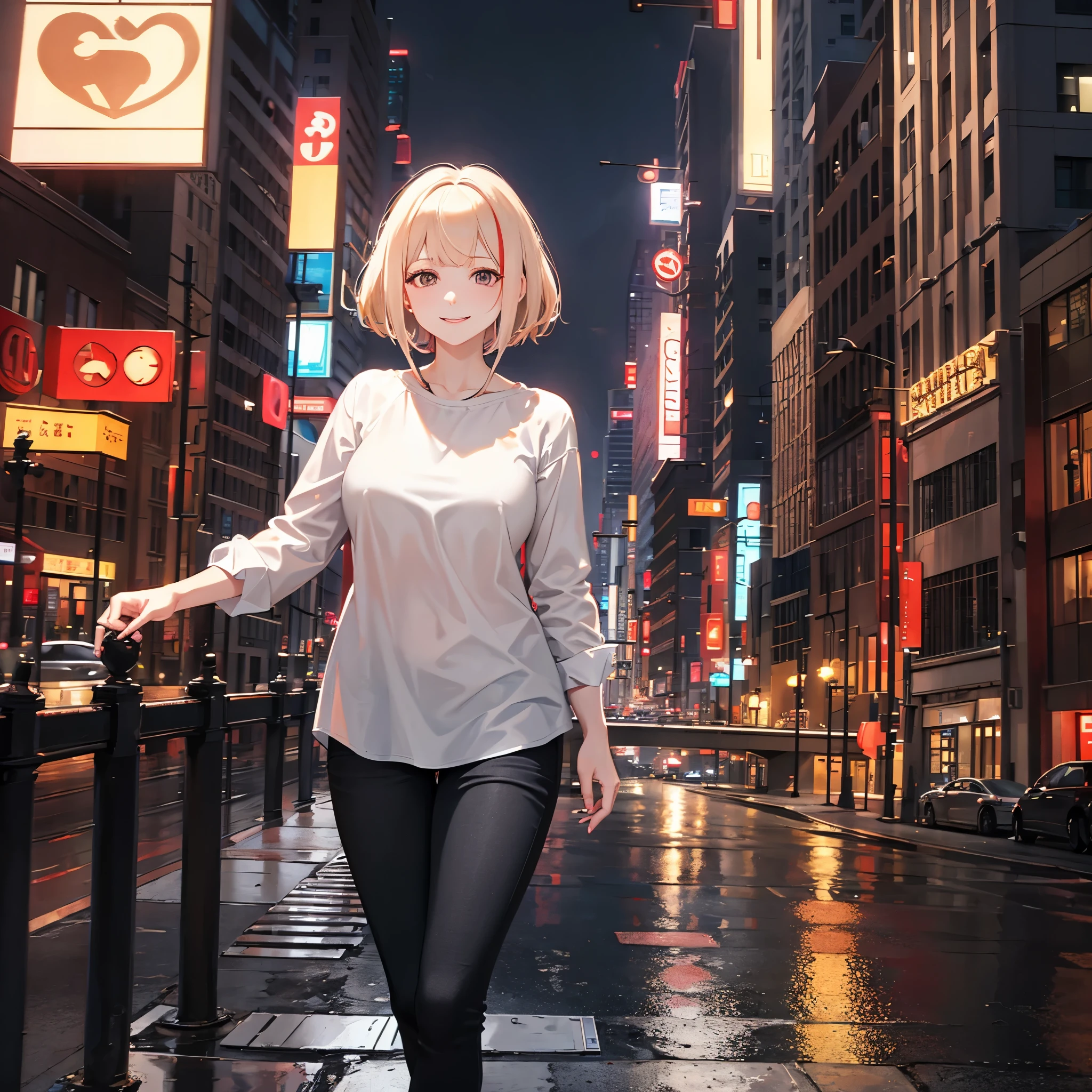 A woman wearing a white shirt, dark jeans, short blonde hair, red bangs, brown eyes, in a city at night, smiling.
