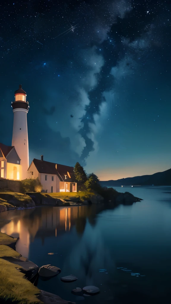 the textures of the scene,
Realistic rendition of the water's surface,
Photorealistic representation of the lighthouse and its surroundings,
Ultra-detailed bricks with moss growing in between,
Beautifully painted with an artist's touch and meticulous attention to detail,
Reflection of the stars in the still water,
Calming ambiance as the soft sound of the waves crashes against the shore,
Dark night sky filled with countless stars twinkling brightly,
Moonlight casting a gentle and inviting glow on the scene,
Vivid colors distinctly portraying the scene in high definition,
Deep contrasts between the light