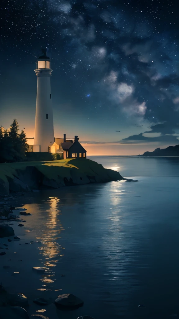 the textures of the scene,
Realistic rendition of the water's surface,
Photorealistic representation of the lighthouse and its surroundings,
Ultra-detailed bricks with moss growing in between,
Beautifully painted with an artist's touch and meticulous attention to detail,
Reflection of the stars in the still water,
Calming ambiance as the soft sound of the waves crashes against the shore,
Dark night sky filled with countless stars twinkling brightly,
Moonlight casting a gentle and inviting glow on the scene,
Vivid colors distinctly portraying the scene in high definition,
Deep contrasts between the light