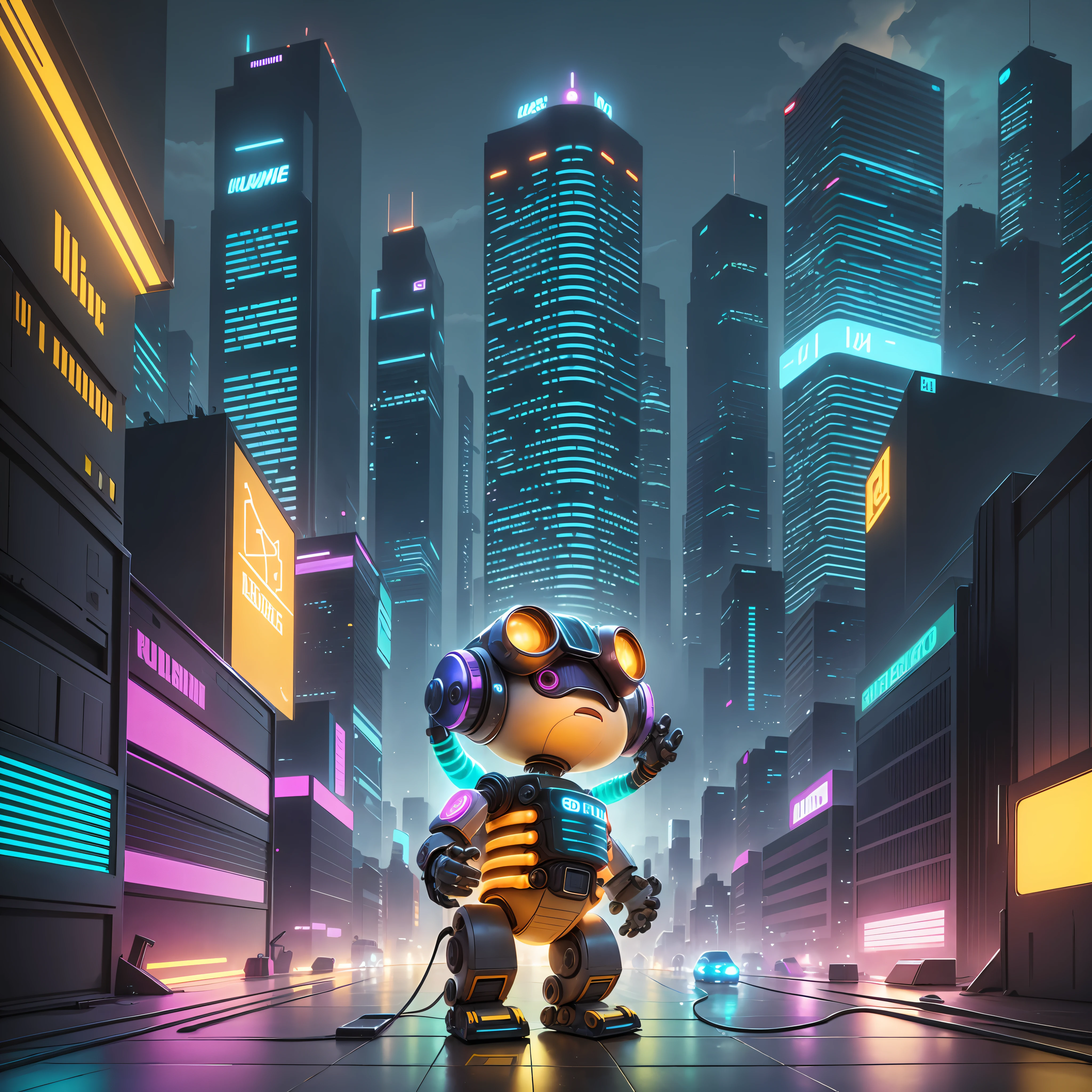 Create a stunning image of WALL-E in a futuristic backdrop, lit by vibrant neon lights. WALL-E, the adorable and quirky waste collector robot, comes to life in this futuristic setting. WALL-E stands at one meter tall, avec un corps en métal compact orné de détails en plastique robuste. Its worn exterior reflects years of hard work. grand, des yeux amicaux ajoutent à sa personnalité attachante. Neon lights of different colors, comme le bleu, violet, et rose, circuler à travers la toile de fond, contrasting beautifully with WALL-E's metallic form. Winding, abstract neon lines create a captivating glow. WALL-E wears sleek headphones, symbolisant son amour pour la musique et la technologie moderne. A cable connects them perfectly to his body. Un haut-parleur flottant émet des notes de musique enchanteresses. Its aerodynamic shape and neon lights add to the'ambiance futuriste. Music brings joy and play to the stage. Background, une ligne d'Breathtaking futuristic city skyline with spectacular skyscrapers s'rising to the sky. Des lumières éblouissantes illuminent la métropole animée. With WALL-E as the focal point, Surrounded by neon lights, headphones, et le haut-parleur flottant, contre l'horizon futuriste, l'image captive. WALL-E's energy and lovable personality evoke enchantment and wonder in this futuristic world. --auto --s2