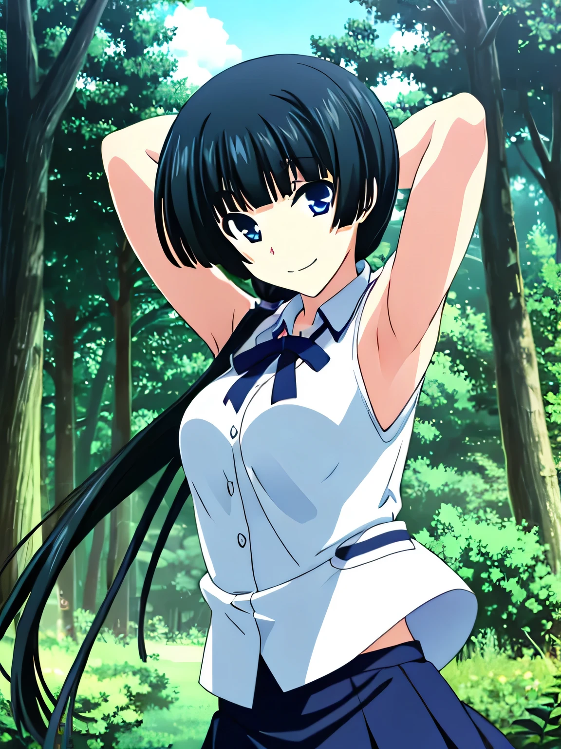 (((pixel-perfect, detail-perfect))), solo, 1girl, akio fudou, white shirt, cleavage, solo, cowboy shot, closed_mouth, night sky, forest, {arms behind head}, contrapposto, shy smile, blue eyes, spread armpits, looking at viewer, smile