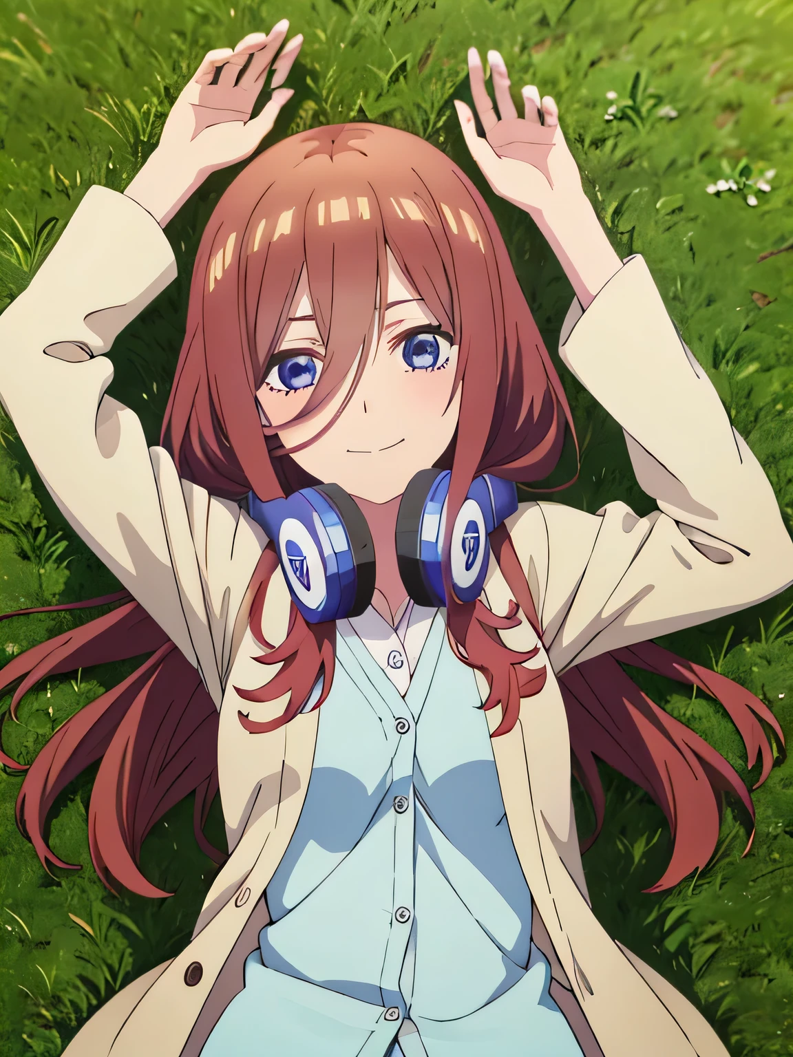 solo, 1girl, looking at viewer, anime, anime coloring, high quality solo, cowboy shot, lying, on back, on grass, spread arms, shy smile, arms up, closed mouth, miku nakano, cardigan, headphones around neck, looking at viewer, in the center,