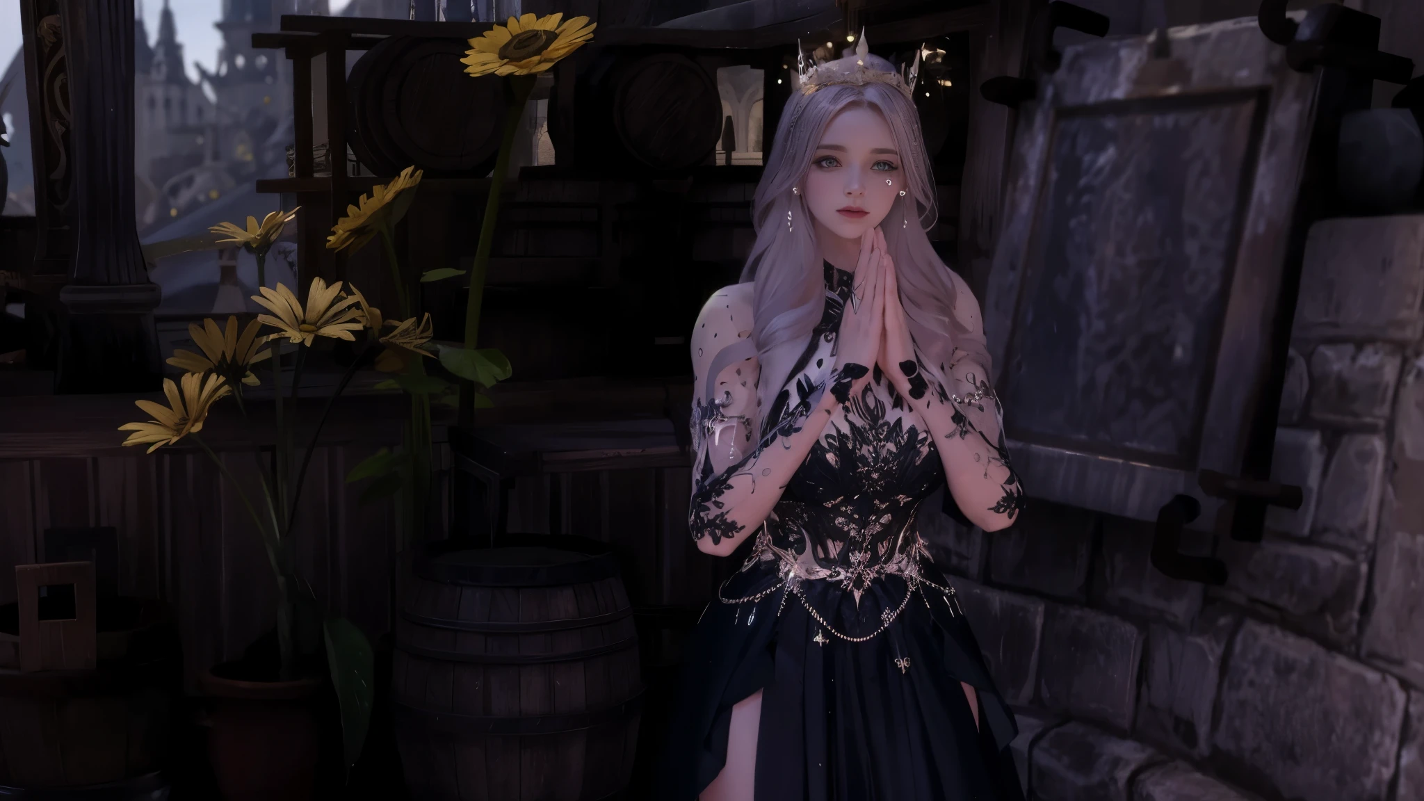 il y a une femme vêtue d'une robe noire debout devant un mur de pierre, pose de lancement de sorts, An elegant gothic princess, dressed like a cleric, c'est la reine des roses noires, royal elegant pose, geste solennel, /!\ The Witch, tenue fantastique, elegant pose, avec une armure et une couronne, cattie - brie de mithril hall