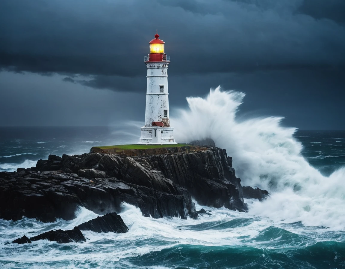 Generate an image depicting a solitary lighthouse standing tall on a rugged rocky point, its sturdy frame battered by fierce winds and relentless waves crashing against the shore during a stormy night. The lighthouse beacon cuts through the darkness, casting a beam of light that struggles to penetrate the thick mist and rain, yet defiantly stands as a symbol of hope and guidance amidst the chaos of the tempest.