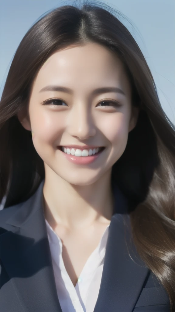 The face is a hostess、The clothes are business suits、hiquality、A hyper-realistic、healthy、Smiling expression、Slender perfect figure、Japan beauties、beautidful eyes、face perfect、Beautiful skin、Skyscrapers and blue sky background
