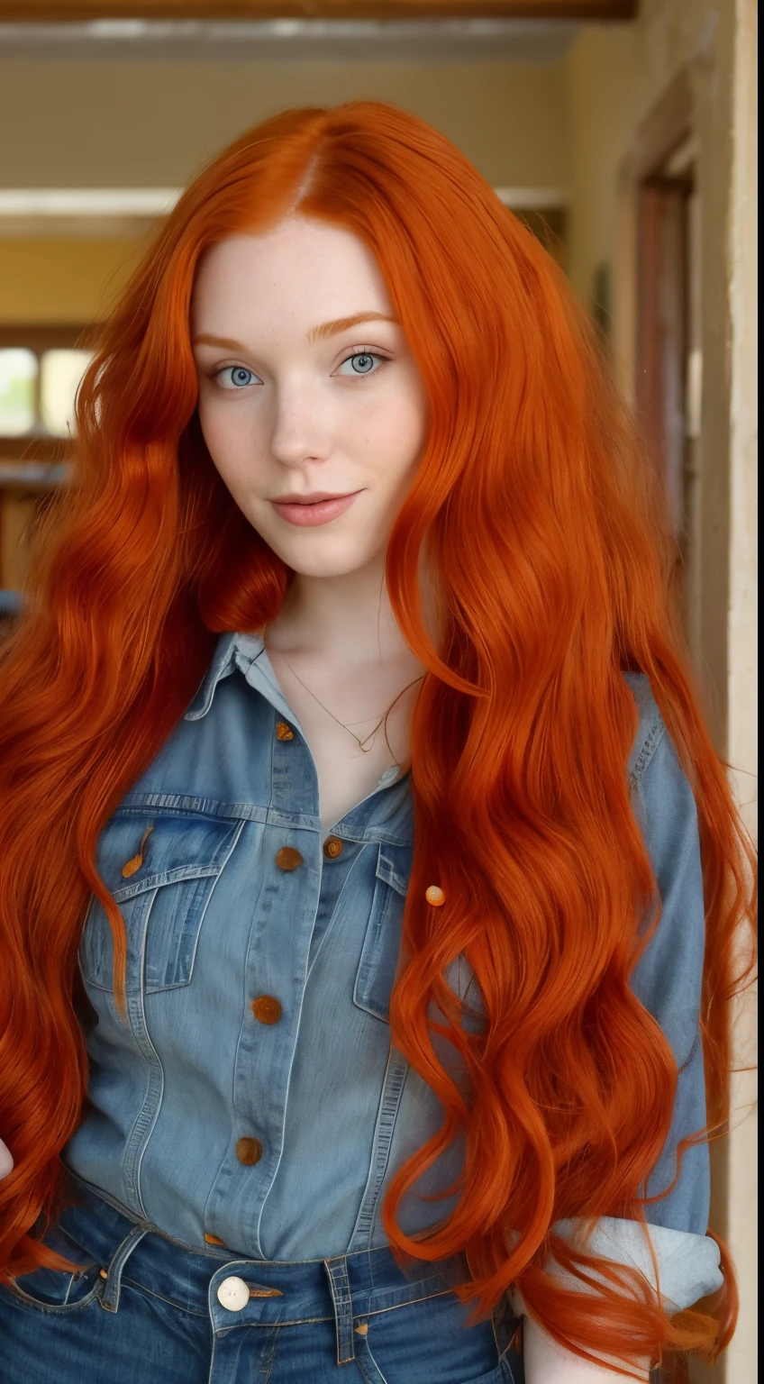 (Ella Hughes:Faye Reagan:Dani Jensen:0.3) a close up of a woman with short skirt with long red hair wearing a denim jacket, she has long redorange hair, she has long orange brown hair, flowing ginger hair, red hair and attractive features, long glowing red hair, curly copper colored hair, ginger wavy hair, long blonde or red hair, long orange hair, ginger hair, with long red hair, long loose red hair