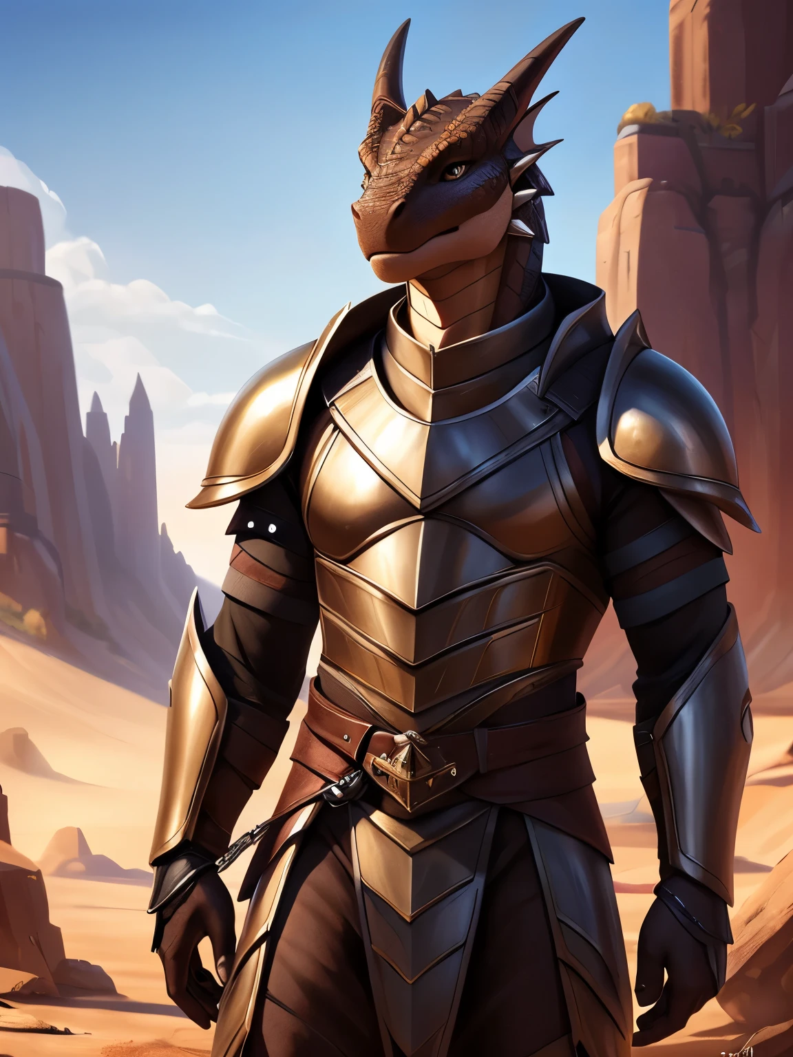 (by pixelsketcher:0.6), (by personalami :0.6), solo,male,boy, dragon,scale, lizard, detailed background, (cinematic lighting:1.1), (perfect focus:1.1), 8k hd, photo, (detailed eyes:1.2),depth of field, bokeh, subsurface scattering, wide angle,(armor,metalic amor),bright colors, (furry detail:1.3), simple background, single color background,white background, realistic, photorealistic, ultra realistic,(tail,short tail),((Brown scales,Brown skin)), Brown eyes, beautiful brown eyes, detailed eyes,sexy legs,