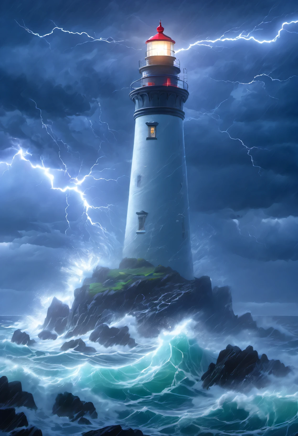  In the midst of a furious storm, a solitary lighthouse stands tall on a rugged, rocky point. The sky is a tumultuous mix of dark, angry clouds illuminated by flashes of lightning. The sea below is a churning mass of frothy waves, crashing violently against the jagged rocks. Despite the chaos surrounding it, the lighthouse emanates a steady, unwavering beam of light, a beacon of hope and guidance amidst the storm's fury.