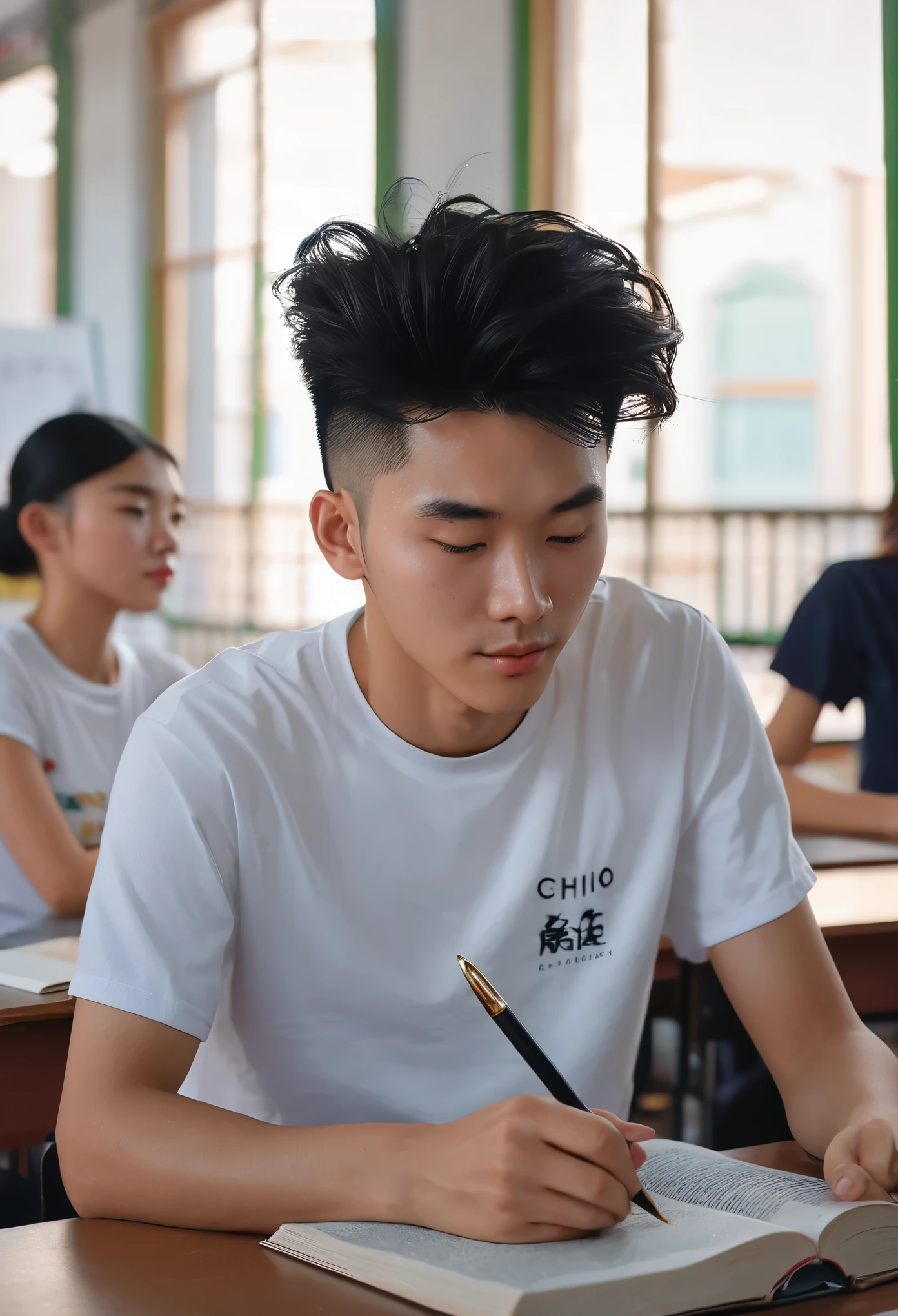A man is sitting in the classroom., chico, Classmate, en el aula del campus, this Classmate is wearing a white T-shirt, pelo negro corto, holding a pen in hand, there are exams, hay libros, la lente se presenta principalmente en la parte superior del cuerpo, in the artistic style of Loepfe ((Ciudad de Xinhai), popular en CGStation, Xinhaicheng H 2160, Inspirado por Bian Shoumin, Xinhaicheng, Planificado, estilo guvitz, high quality images, 4k, 8K, resolution,