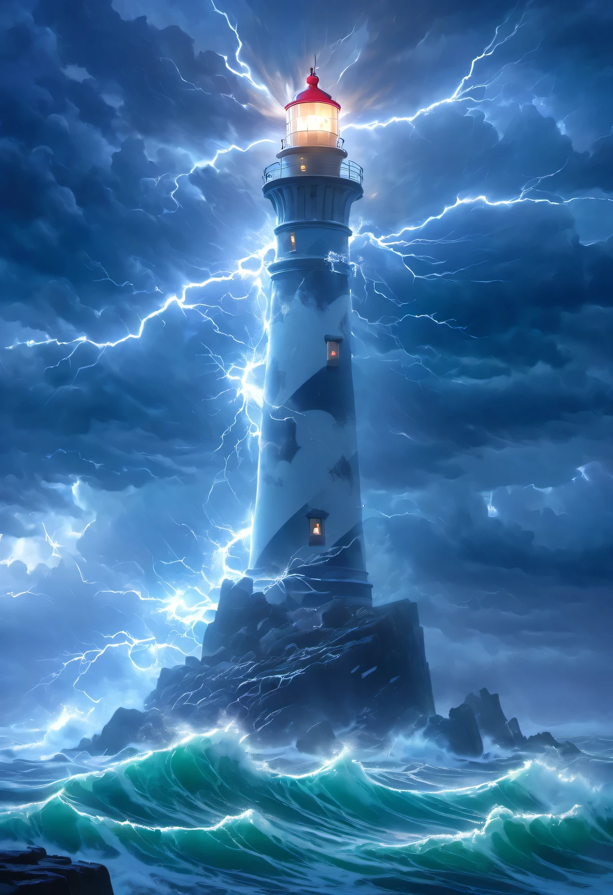  In the midst of a furious storm, a solitary lighthouse stands tall on a rugged, rocky point. The sky is a tumultuous mix of dark, angry clouds illuminated by flashes of lightning. The sea below is a churning mass of frothy waves, crashing violently against the jagged rocks. Despite the chaos surrounding it, the lighthouse emanates a steady, unwavering beam of light, a beacon of hope and guidance amidst the storm's fury.