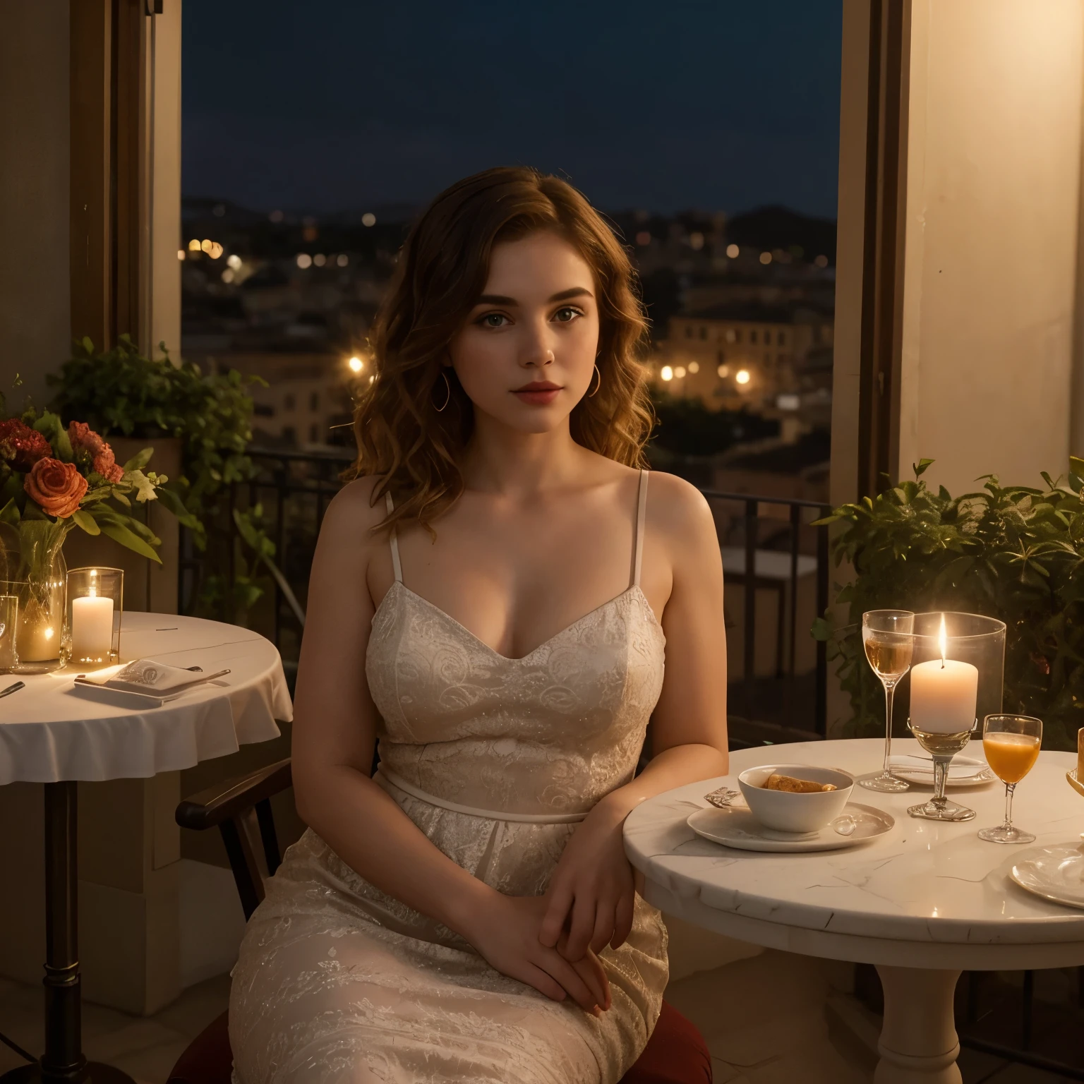 Sophia Lillis, thick woman, long wavy hair, photograph quality, eyeshadow and lipstick, Italian dress, sitting in a chair on a candle lit veranda overlooking an Italian city at night 
