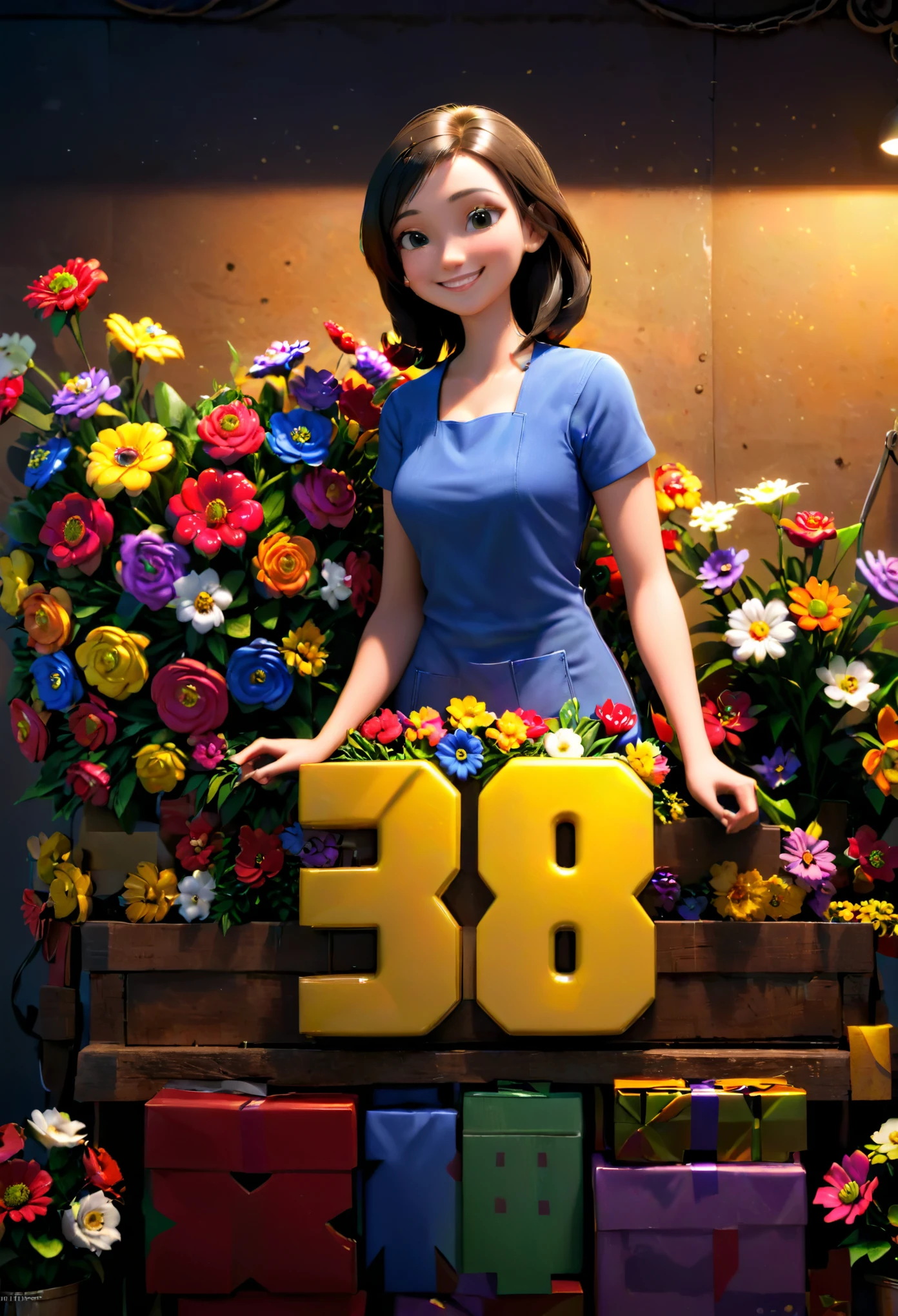 (number art,Realistic,Lifelike)，1 smiling female worker in a machine workshop,flowers and gifts,(3d sculpture，rendering by octane，volumettic light, Chiaroscuro,Ray Tracing),ohwx