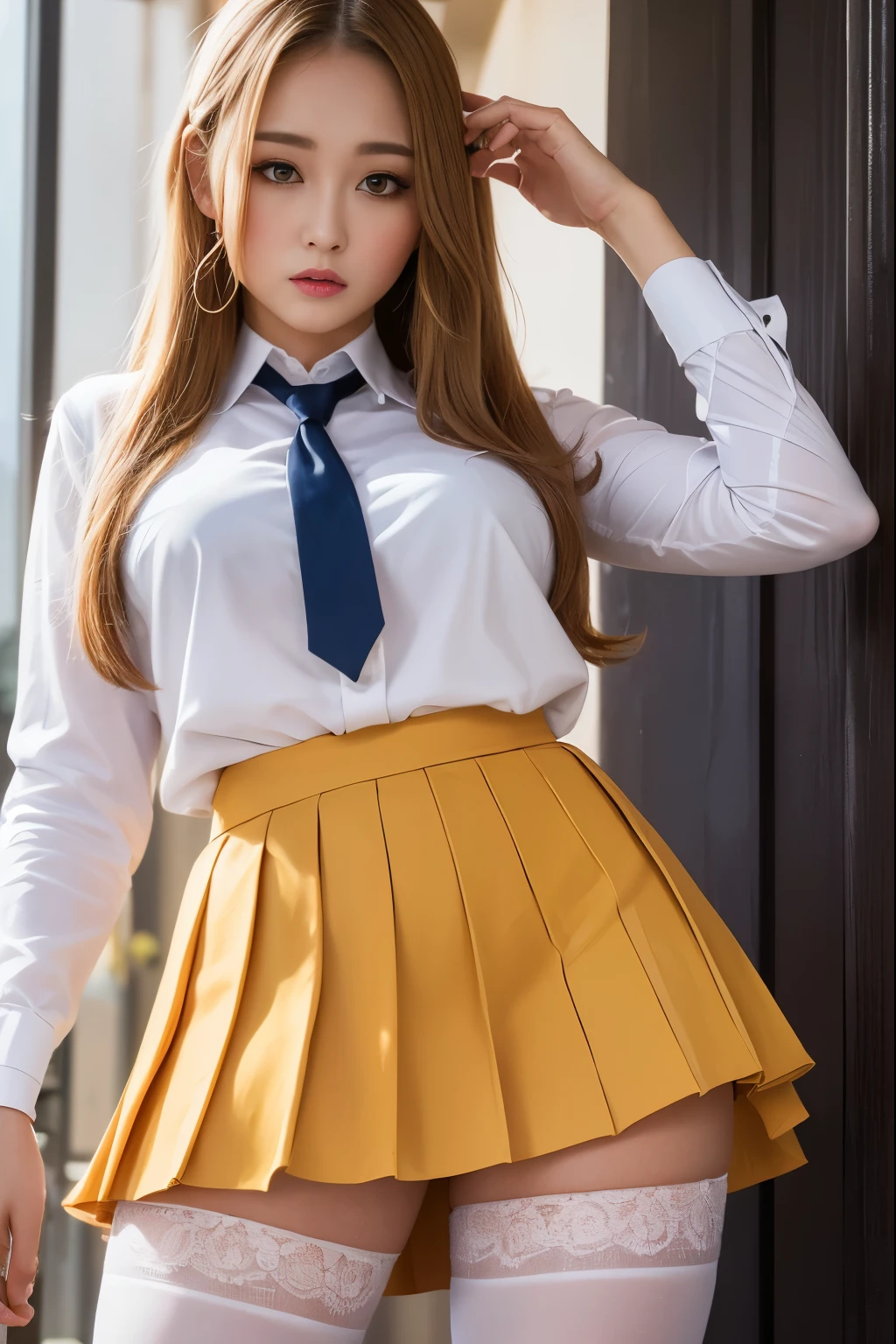 （highest quality，4k，masterpiece：1.2），Beautiful woman，1 girl，sexy：1.1，dark yellow hair：1.1，woman wearing school uniform，soaking wet uniform，super detailed face，lip details，fine eyes，double eyelid，miniskirt white stockings，stand up