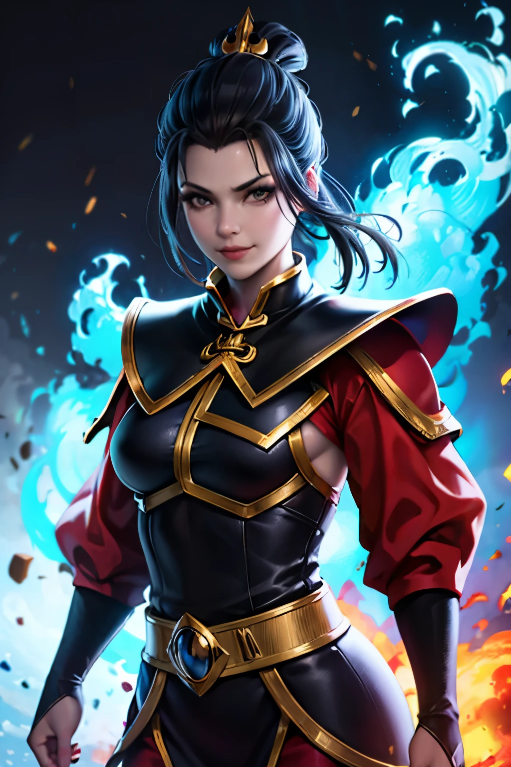 (4k,8k,best quality, masterpiece:1.2), ultra-detailed, realistic, perfect face, perfect nose, detailed hair, detailed eyes, detailed lips, (((cowboy shot))), realistic colors, studio lightning, small mouth, looking at viewer, glare, smile, smirk, azula, single hair bun, hair bun, fire