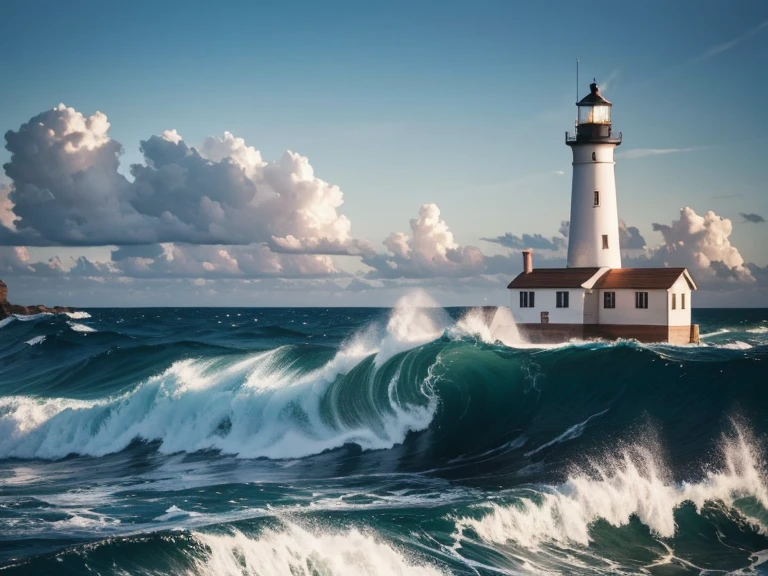 A lighthouse on a steep cliff, waves spraying, the light of the lighthouse illuminating the eerie sea, a rough sea in winter, a boat with a girl on it going up and down on the big waves.