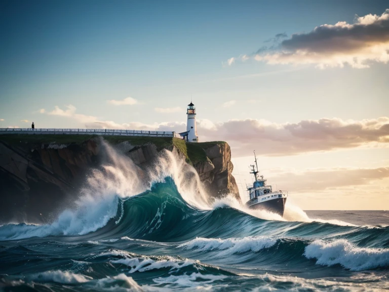 A lighthouse on a steep cliff, waves spraying, the light of the lighthouse illuminating the eerie sea, a rough sea in winter, a boat with a girl on it going up and down on the big waves.