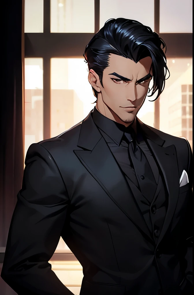 stunningly handsome man, cocky grin, a digital painting of a dashing spy in a black suit, masculine haircut, retro pulp noir comic cover, sexy man , in the art style of Artgerm, mafia, marvel comic book characters, award-winning artwork, the smooth black lion, beautiful rendering, widow maker, chiaroscuro , ray tracing, flirty, intrigue, dynamic pose, dynamic angle