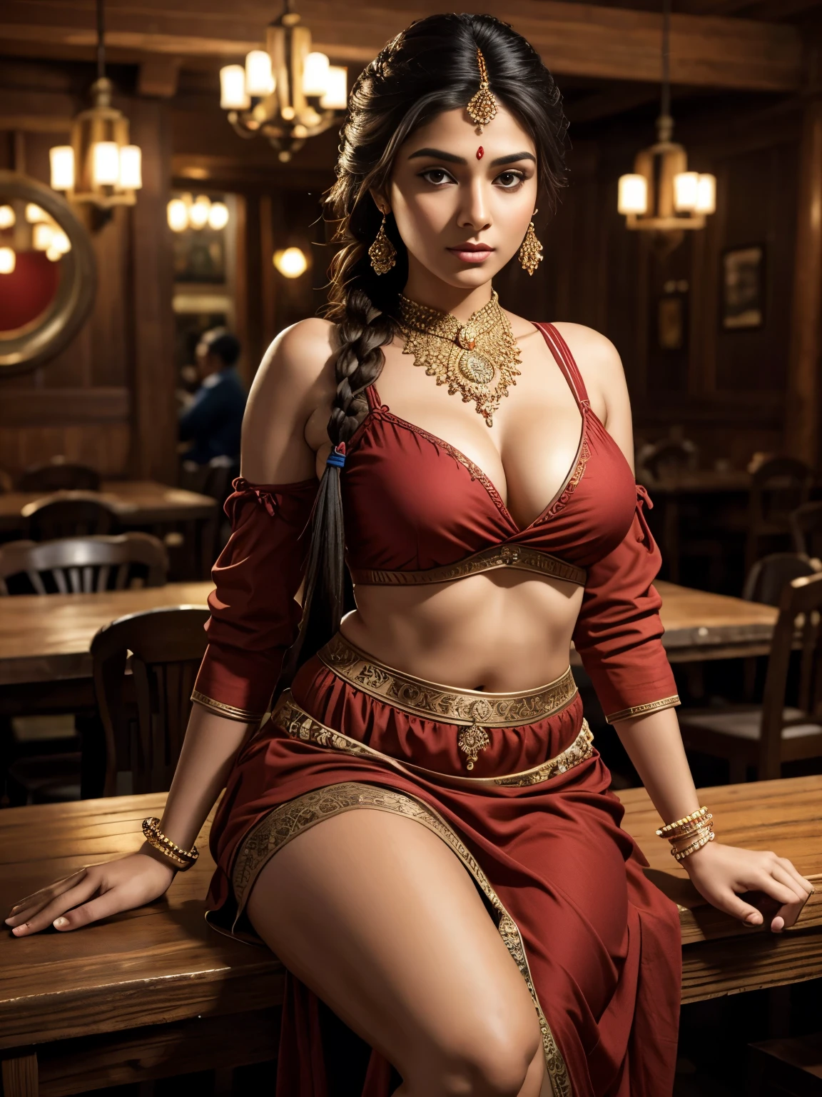 Best quality, masterpiece, Beautiful, young indian woman, tavern gitl, tavern, looking straight at viewer, wearing elegant red full sleeve top and long skirt, crowded tavern, sitting on chair, professionalism, teen age, detailed face, detailed body, symmetric face, cute face, dynamic pose, perfect anatomy, photorealistic, curvy body, braid hair, 8k, ultra realistic, drinks and foods on table, ambient occlusion