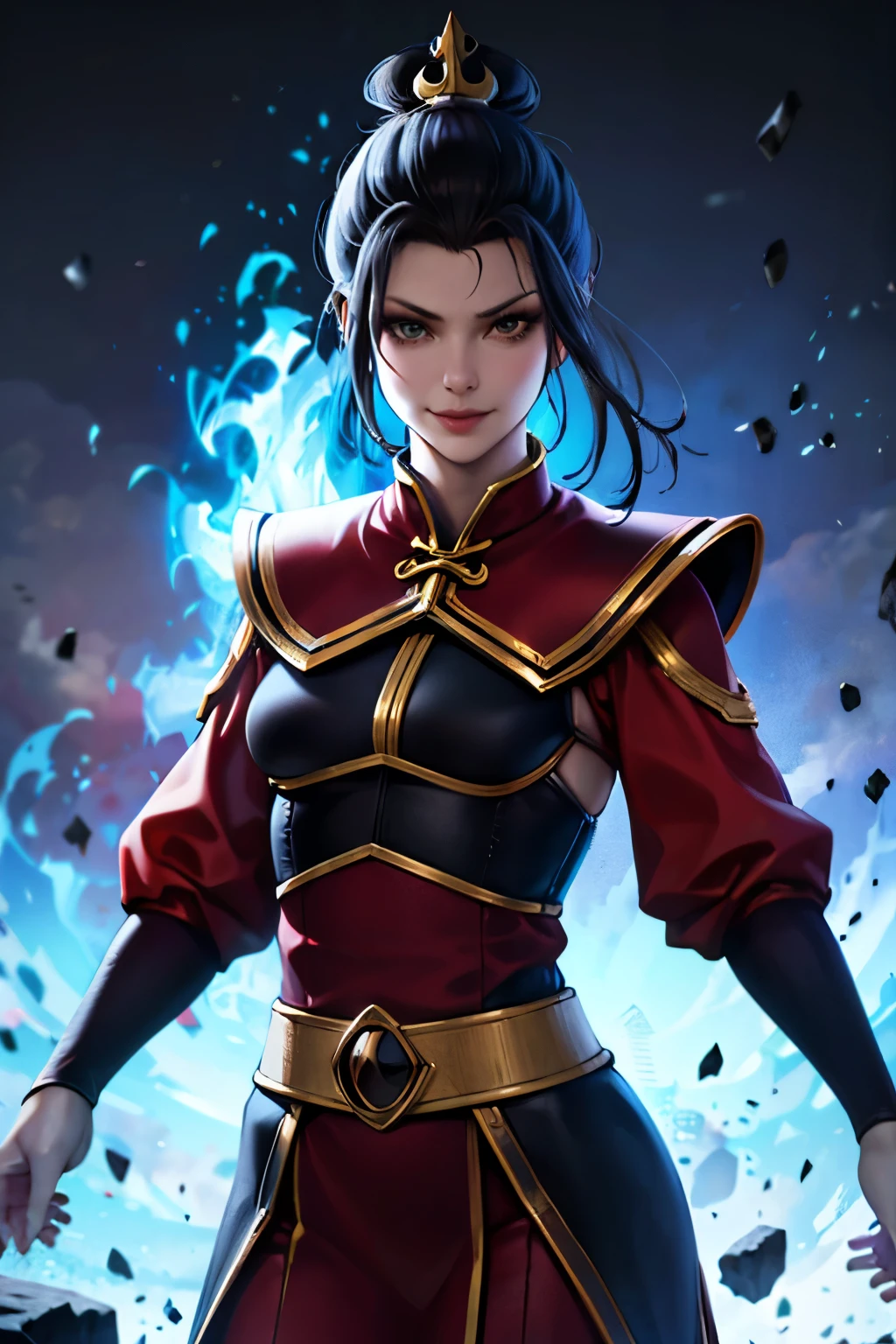 (4k,8k,best quality, masterpiece:1.2), ultra-detailed, realistic, perfect face, perfect nose, detailed hair, detailed eyes, detailed lips, (((cowboy shot))), realistic colors, studio lightning, small mouth, looking at viewer, glare, smile, smirk, azula, single hair bun, hair bun, blue fire