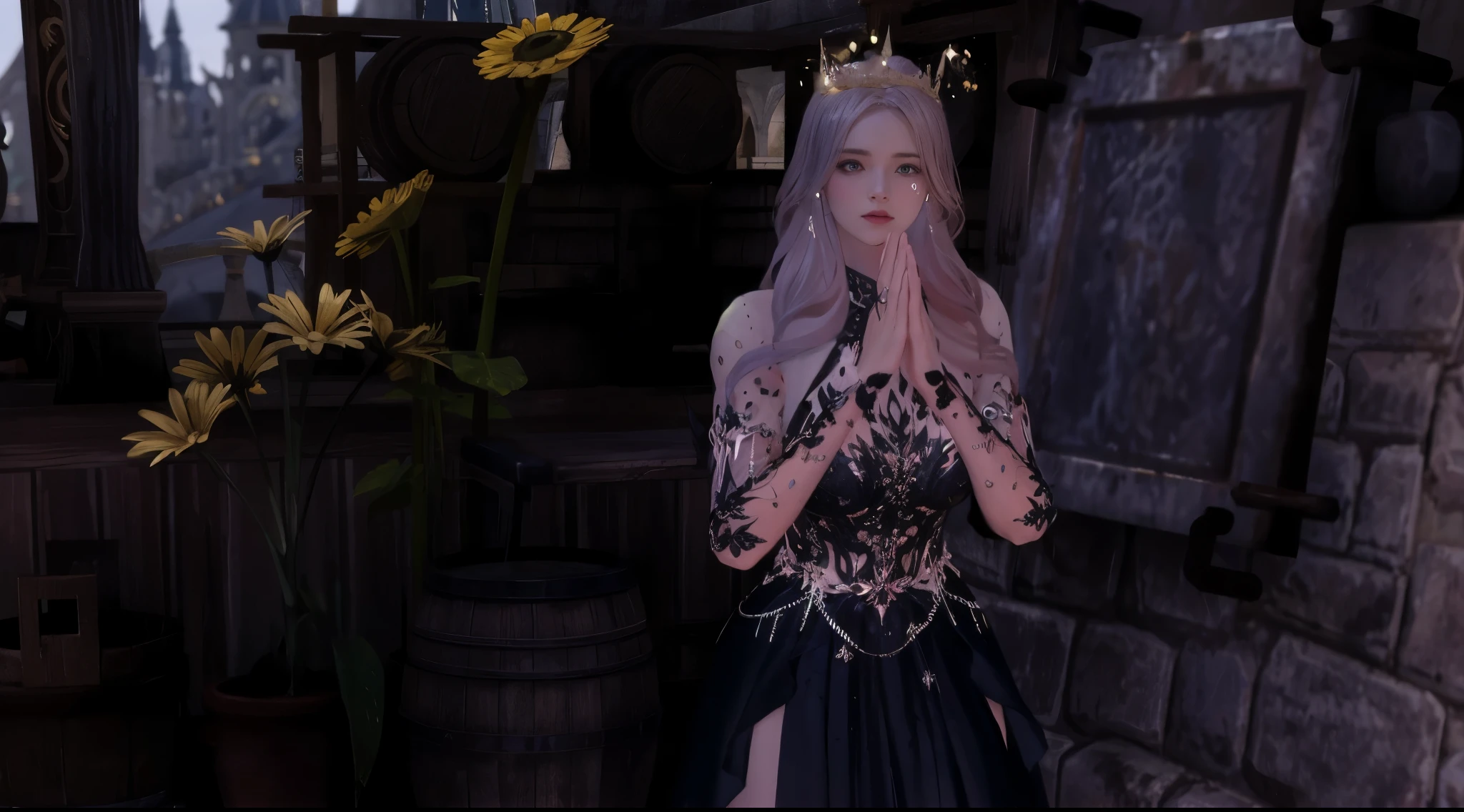 il y a une femme vêtue d'une robe noire debout devant un mur de pierre, pose de lancement de sorts, An elegant gothic princess, dressed like a cleric, c'est la reine des roses noires, royal elegant pose, geste solennel, /!\ The Witch, tenue fantastique, elegant pose, avec une armure et une couronne, cattie - brie de mithril hall