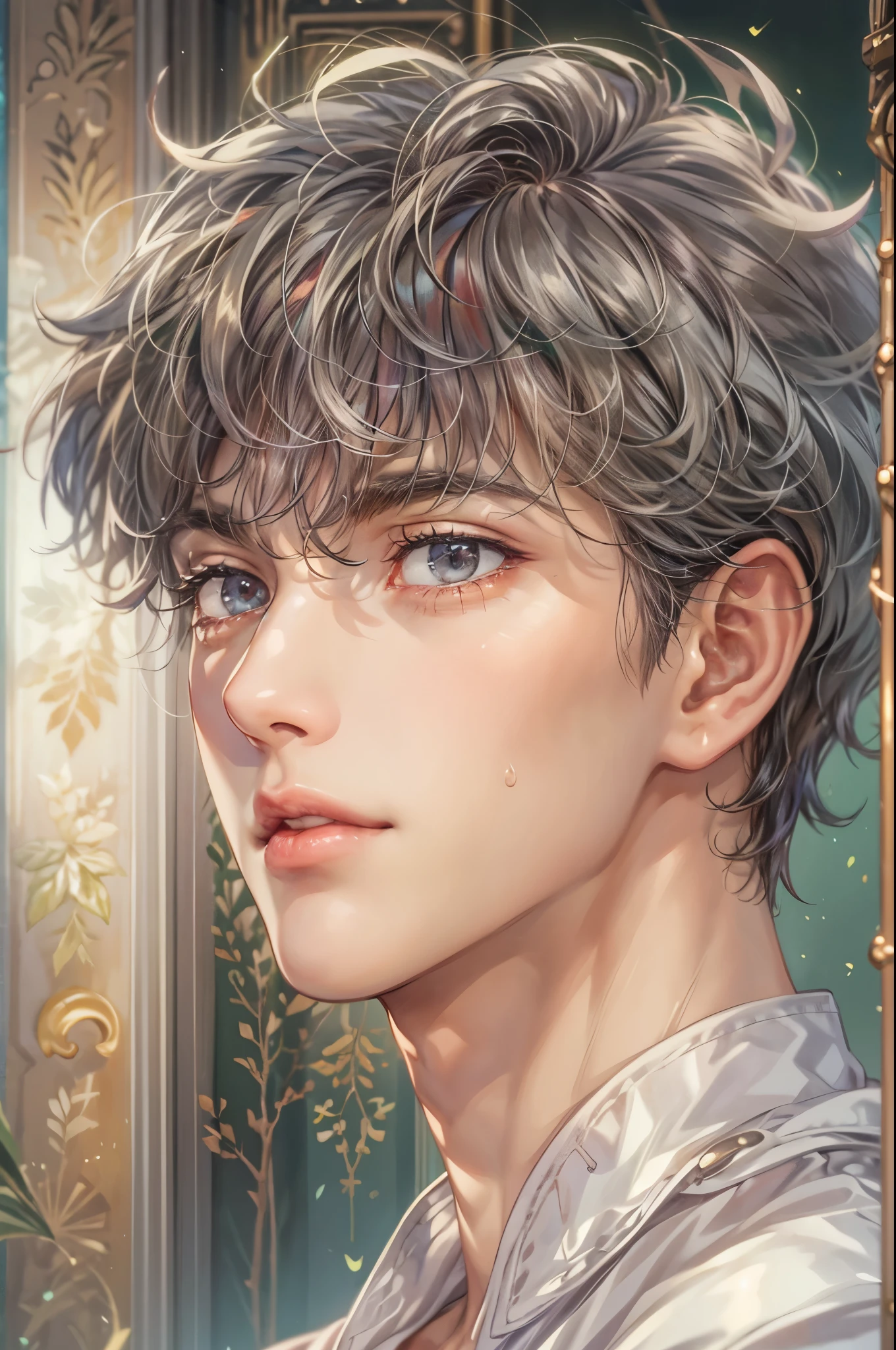 ((Best quality)), ((masterpiece)), (detailed), ((perfect face)), ((halfbody)) handsome face, male,  boy,  perfect proportions , a character from anime saint seiya, short hair, male version , detailed ghibli interior scenery background 