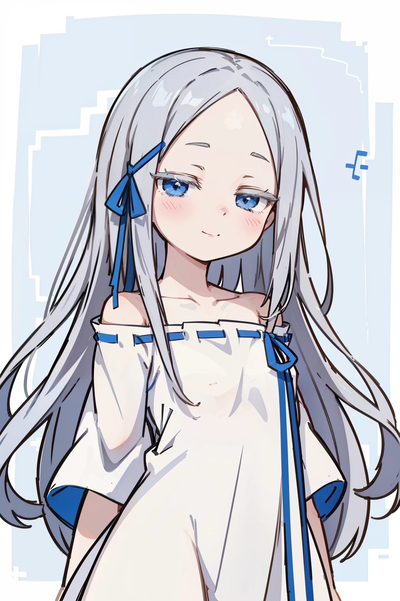 (masterpiece, best quality, ultra high quality, by quan, by mappa, sketch:1.1), ((portrait)), 1girl, solo, pandora, blue eyes, long hair, grey hair, white hair, forehead, blush, bangs, small breasts, parted bangs, barefoot, neutral, innexpressive, small smile, thighs, ((pddf)), dress, dress ribbon, hair ribbon, white dress, loose dress, blue ribbon, bare shoulders, (arms behind back), upper body, standing,, isometric lightning, white background, simple background