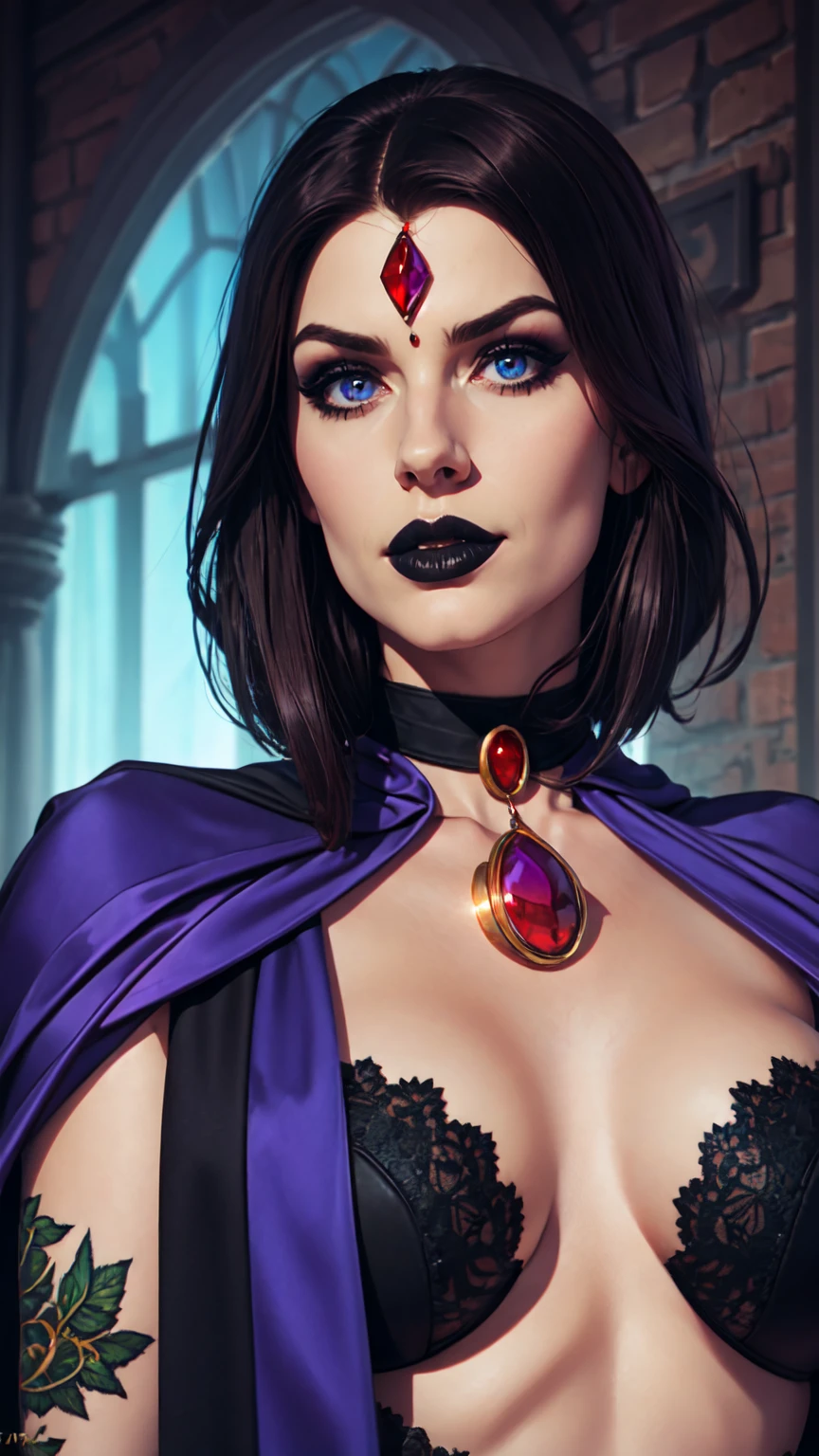 (Best Quality, 8k, Masterpiece, UHD), (Photo of Attractive Caucasian Gothic model Woman with tattoos), solo 1Girl as Raven, ((gemstone on forehead)), heavy makeup , cape, choker,very pale skin,Ultra Detailed Face, Detailed Lips, Fine Eyes, black lipstick, Fine Eyes, whole body