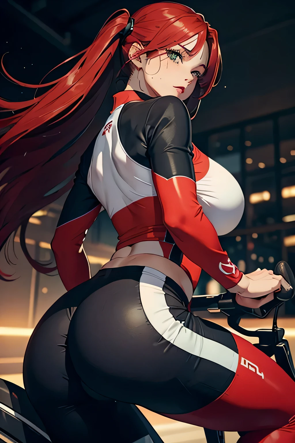 view from behind、show your butt、The emphasis is on the butt、actual、Super high chroma、8k、Long red hair(((30 year old woman)))、((((She is wearing a black and red aerodynamic cycling jersey。))))、Female cyclist、big breasts、Thick thighs、Pay attention to muscle development。pretty face, Highly detailed face and skin textures, A disdainful expression appeared on his face,(Eyes have small wrinkles, double eyelids, thin eyebrows, glitter eyeliner: 1.2, natural cheeks, skin shiny, White skin,, (glossy lips: 1. 4),Sweating 1.0、(((vitality)))