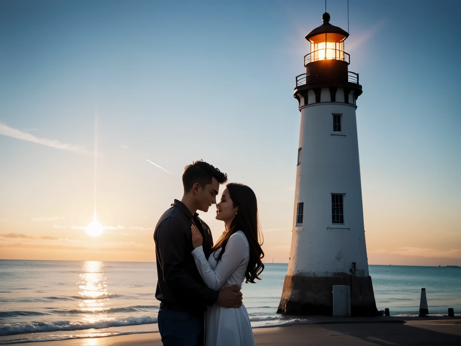 A loving couple standing in front of the lighthouse, watching the sunrise